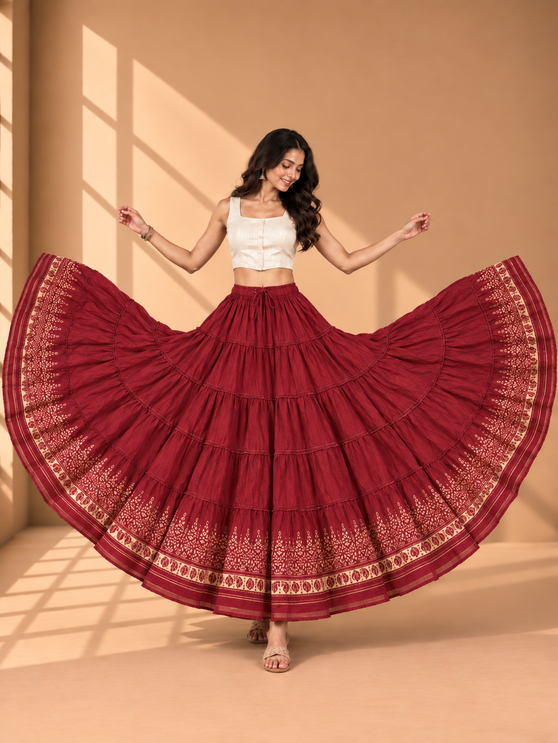 Maroon Block Print 20Mtr Cotton Skirt