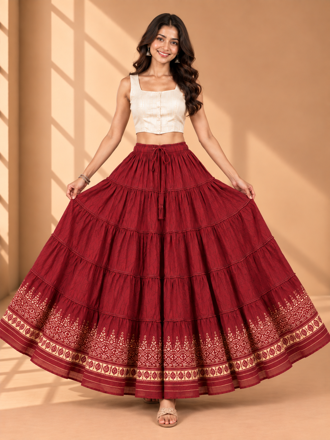 Maroon Block Print 20Mtr Cotton Skirt