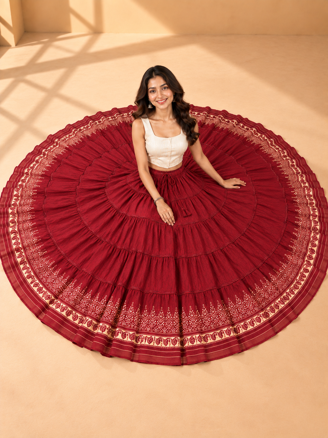 Maroon Block Print 20Mtr Cotton Skirt