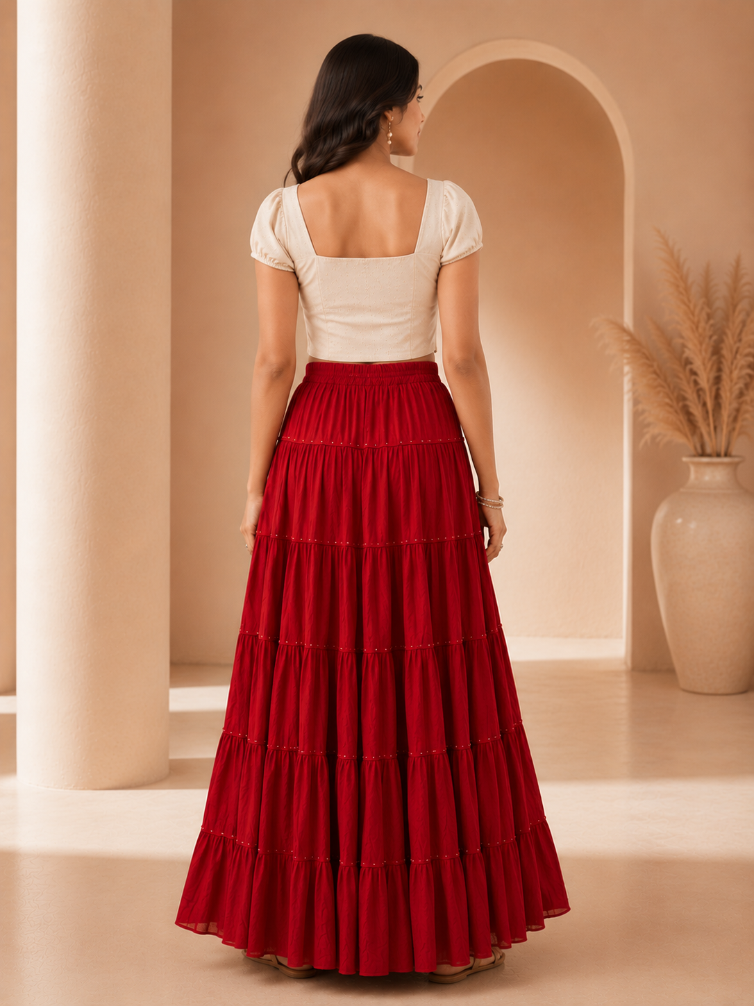 Maroon Gold Beads Cotton Skirt