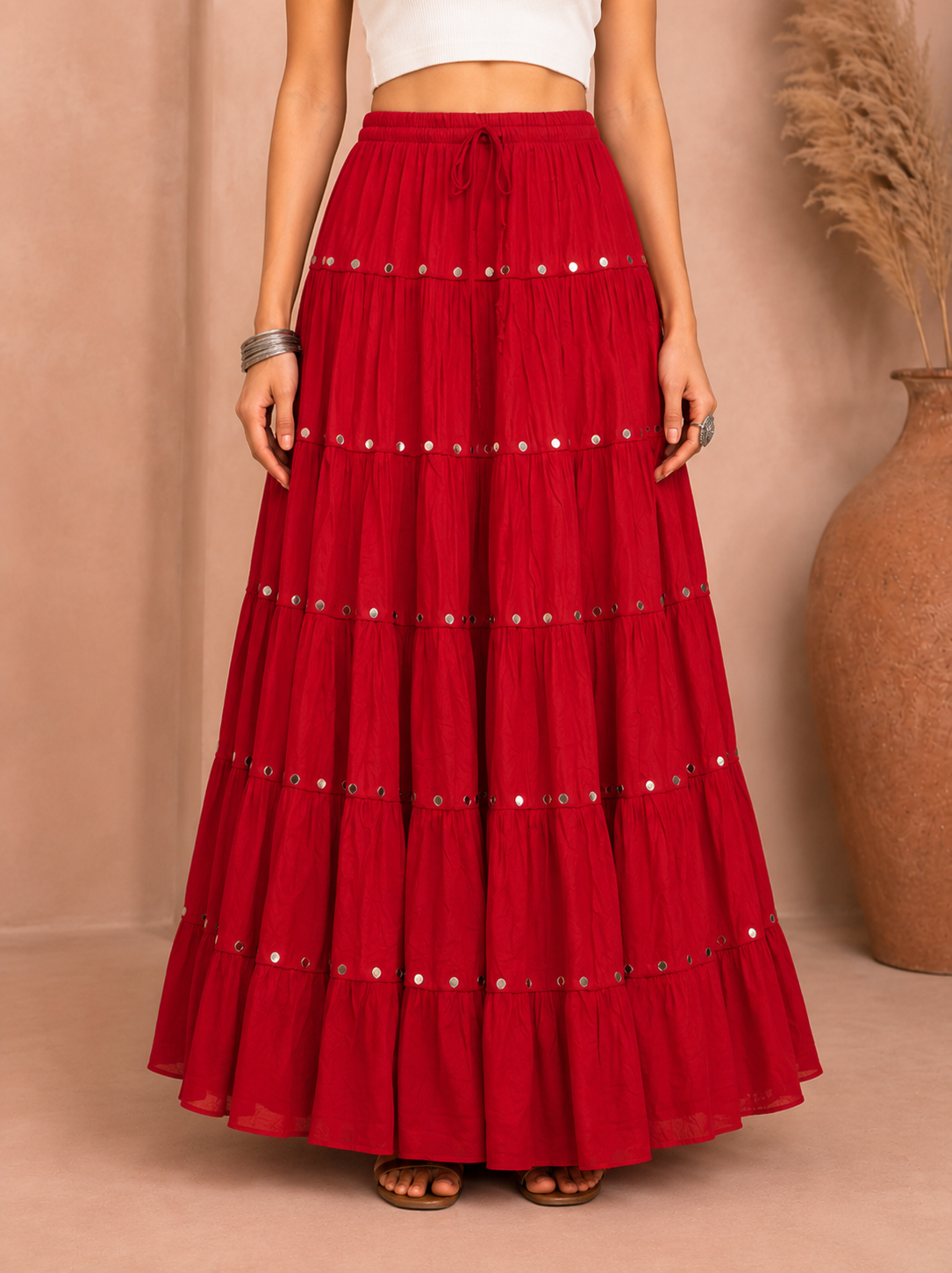 Maroon Cotton Solid Silver Sequin 10mtr Skirt