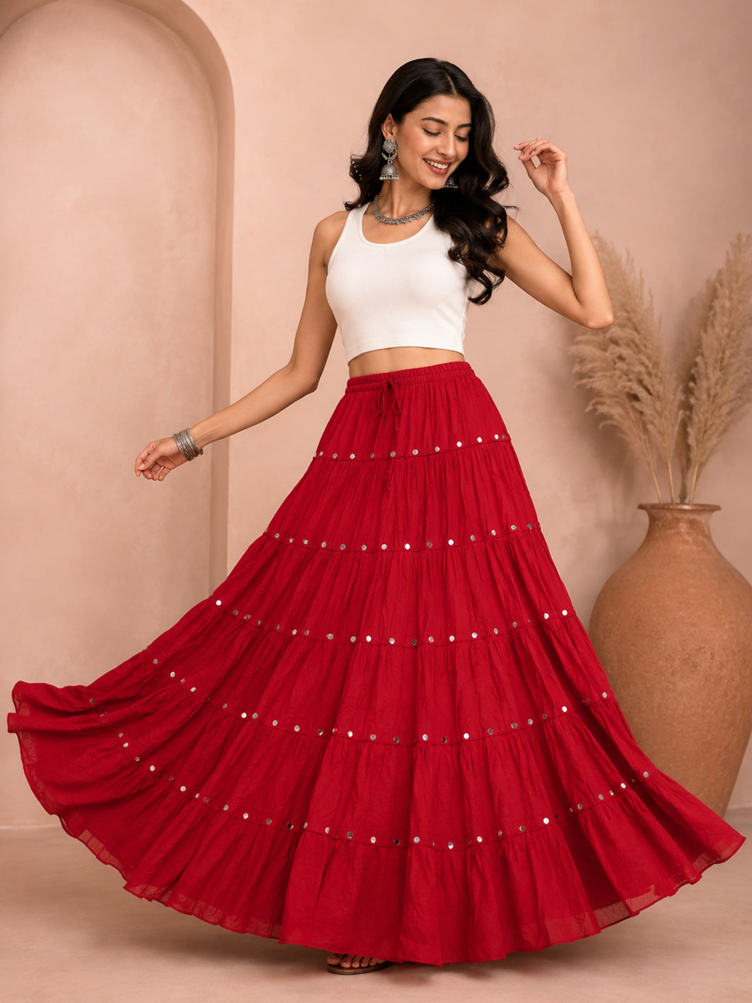 Maroon Cotton Solid Silver Sequin 10mtr Skirt