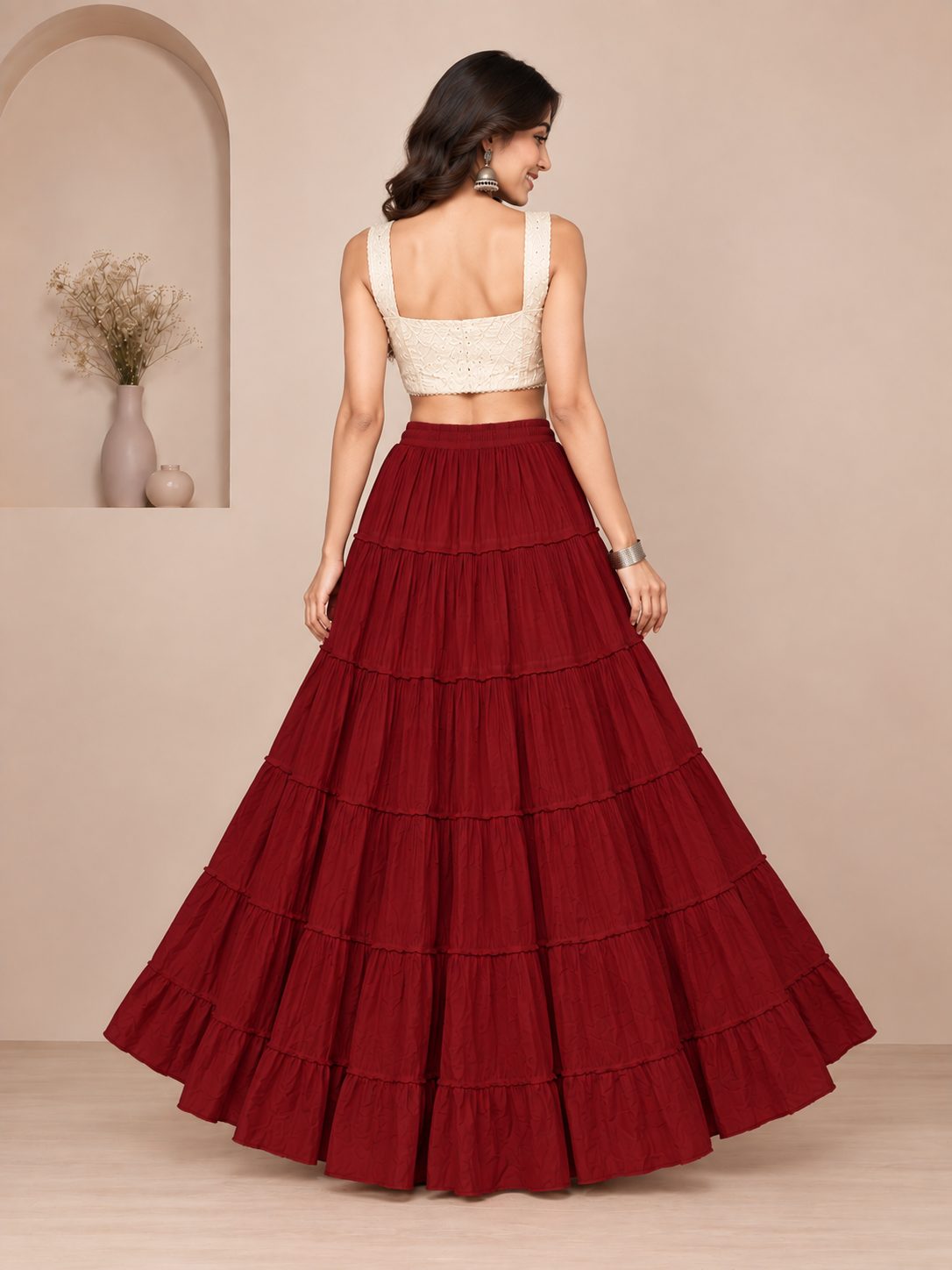 Maroon Cotton Solid Flared Skirt