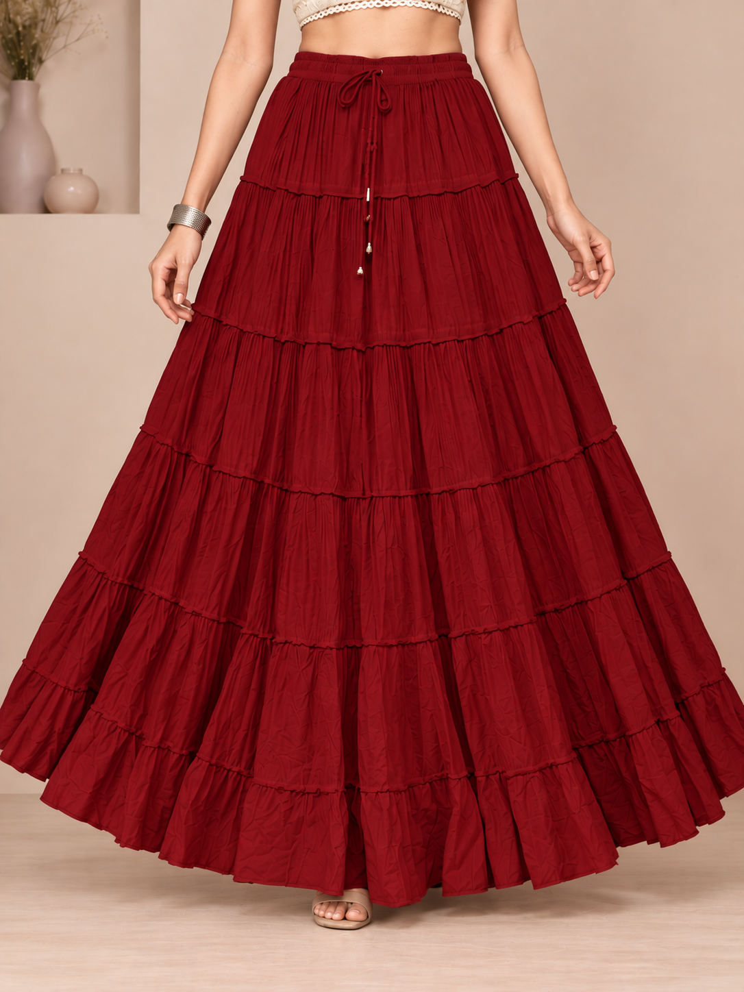 Maroon Cotton Solid Flared Skirt