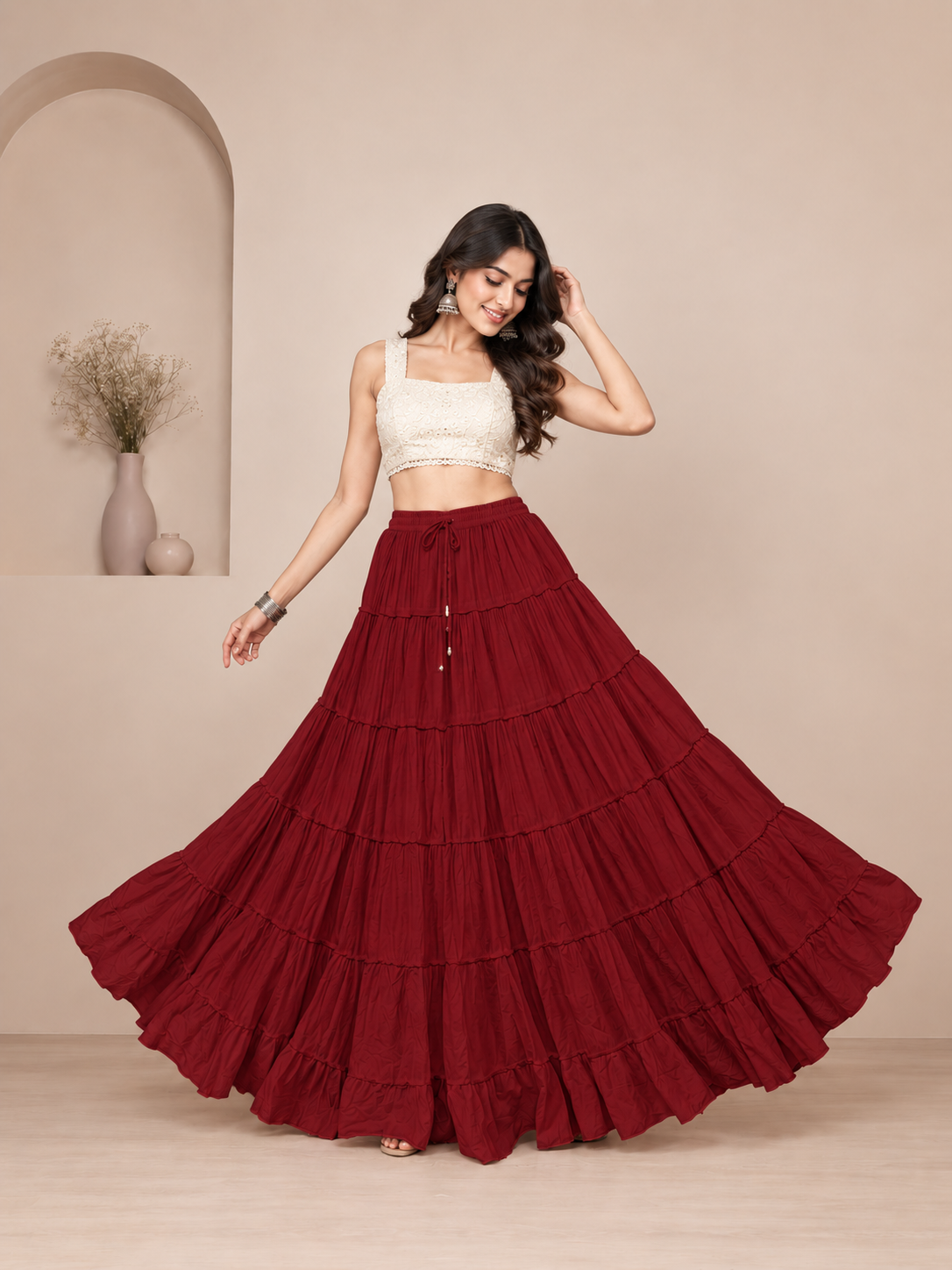 Maroon Cotton Solid Flared Skirt