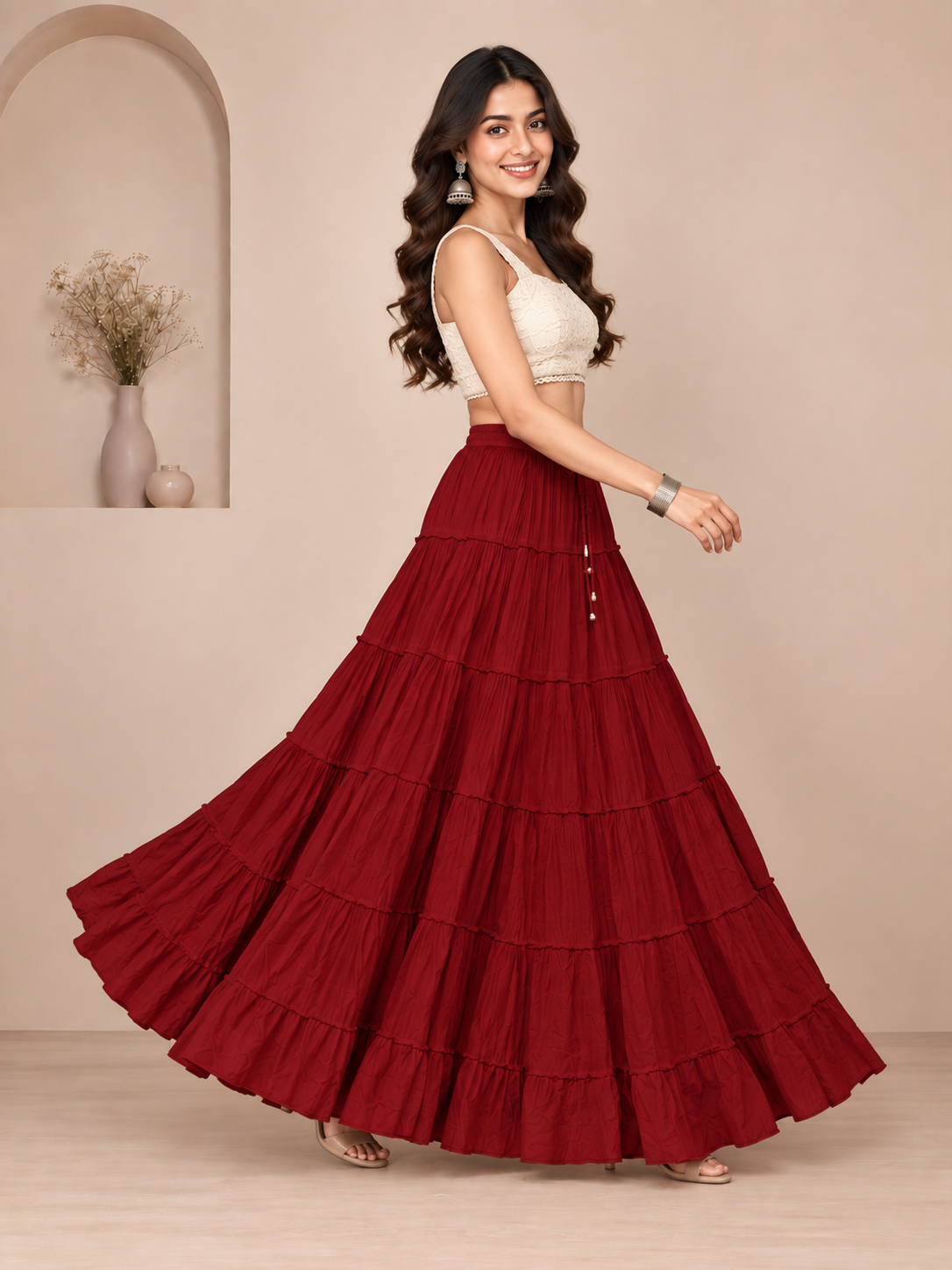 Maroon Cotton Solid Flared Skirt