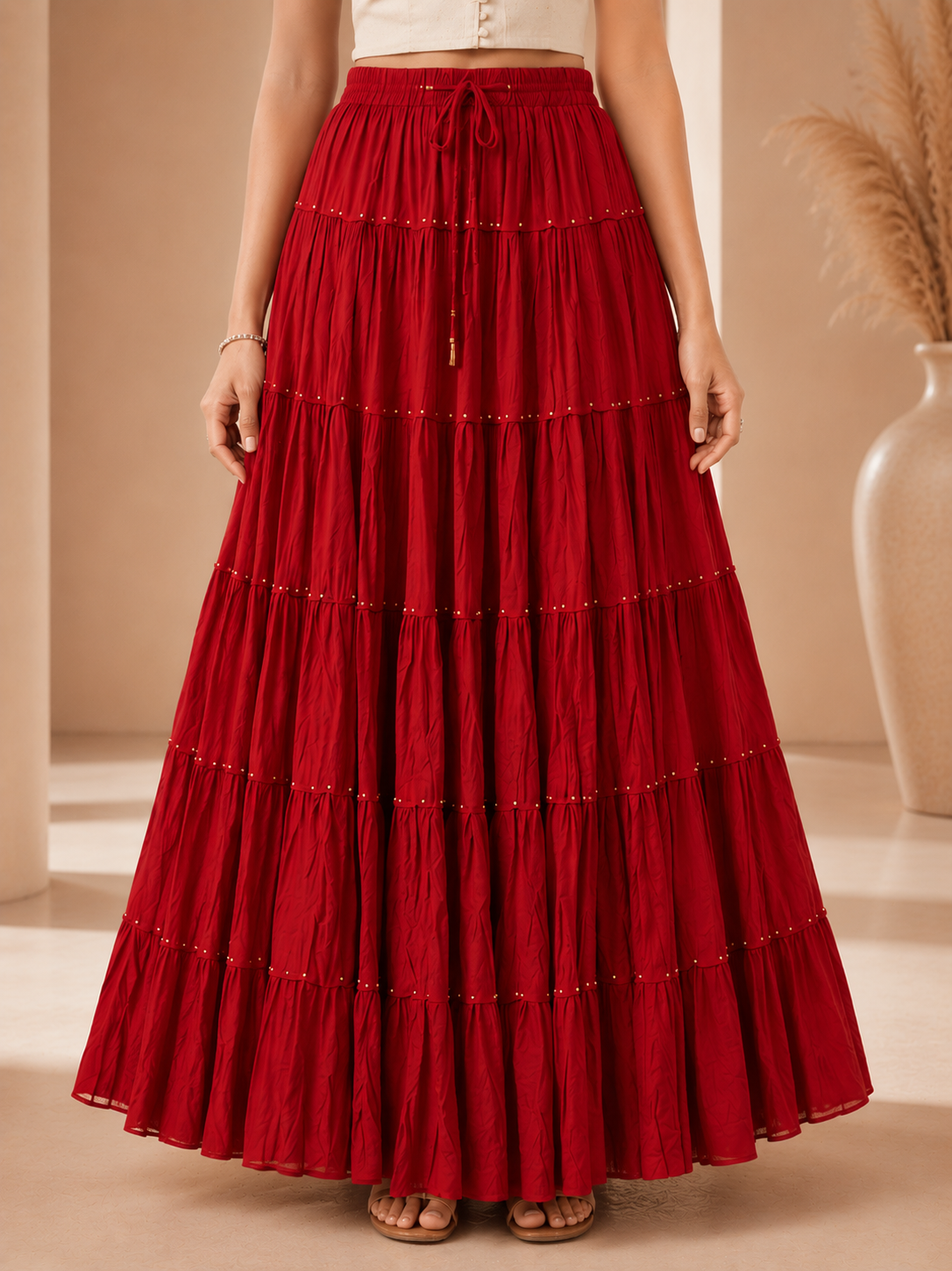 Maroon Gold Beads Cotton Skirt