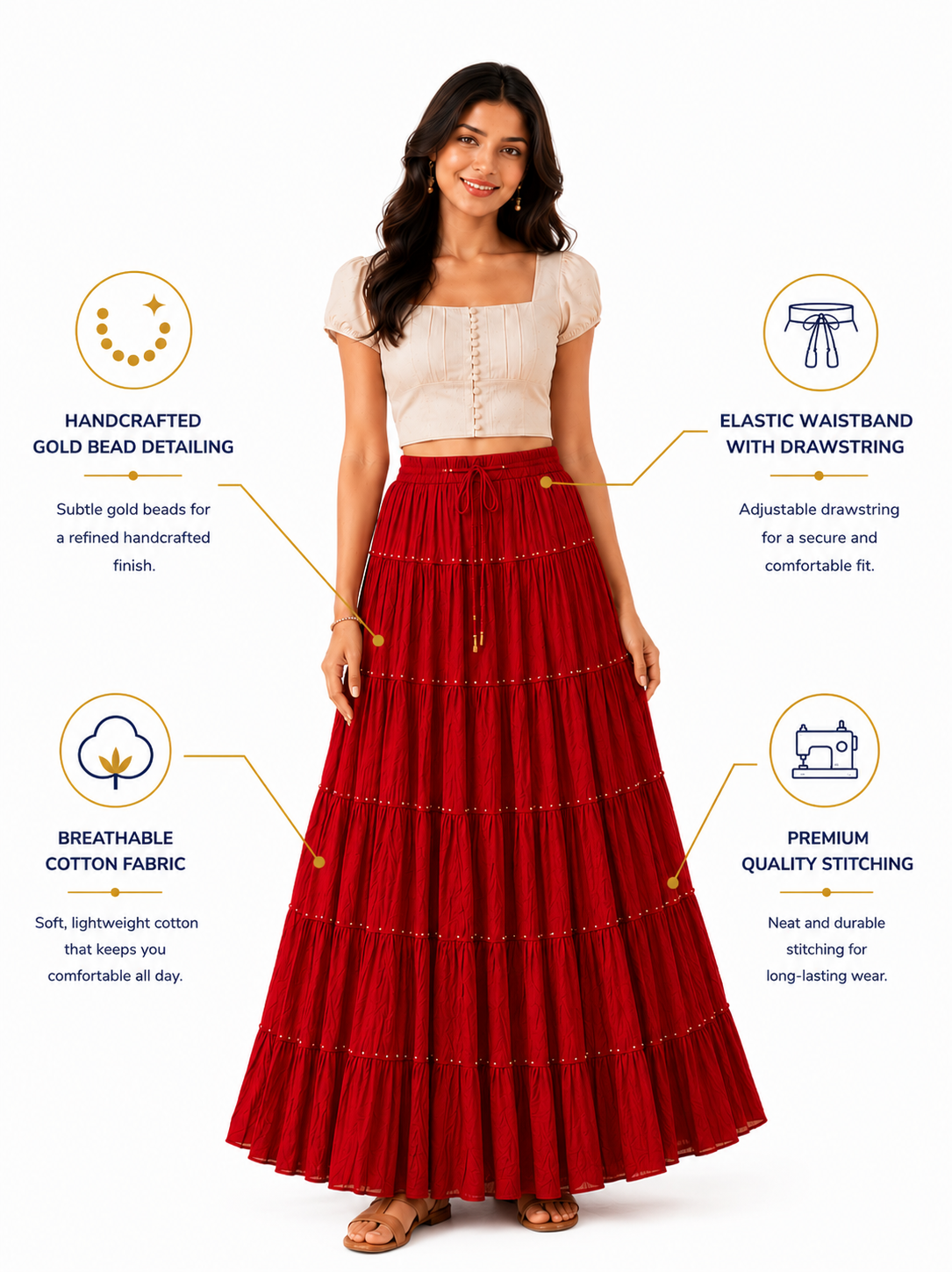 Maroon Gold Beads Cotton Skirt