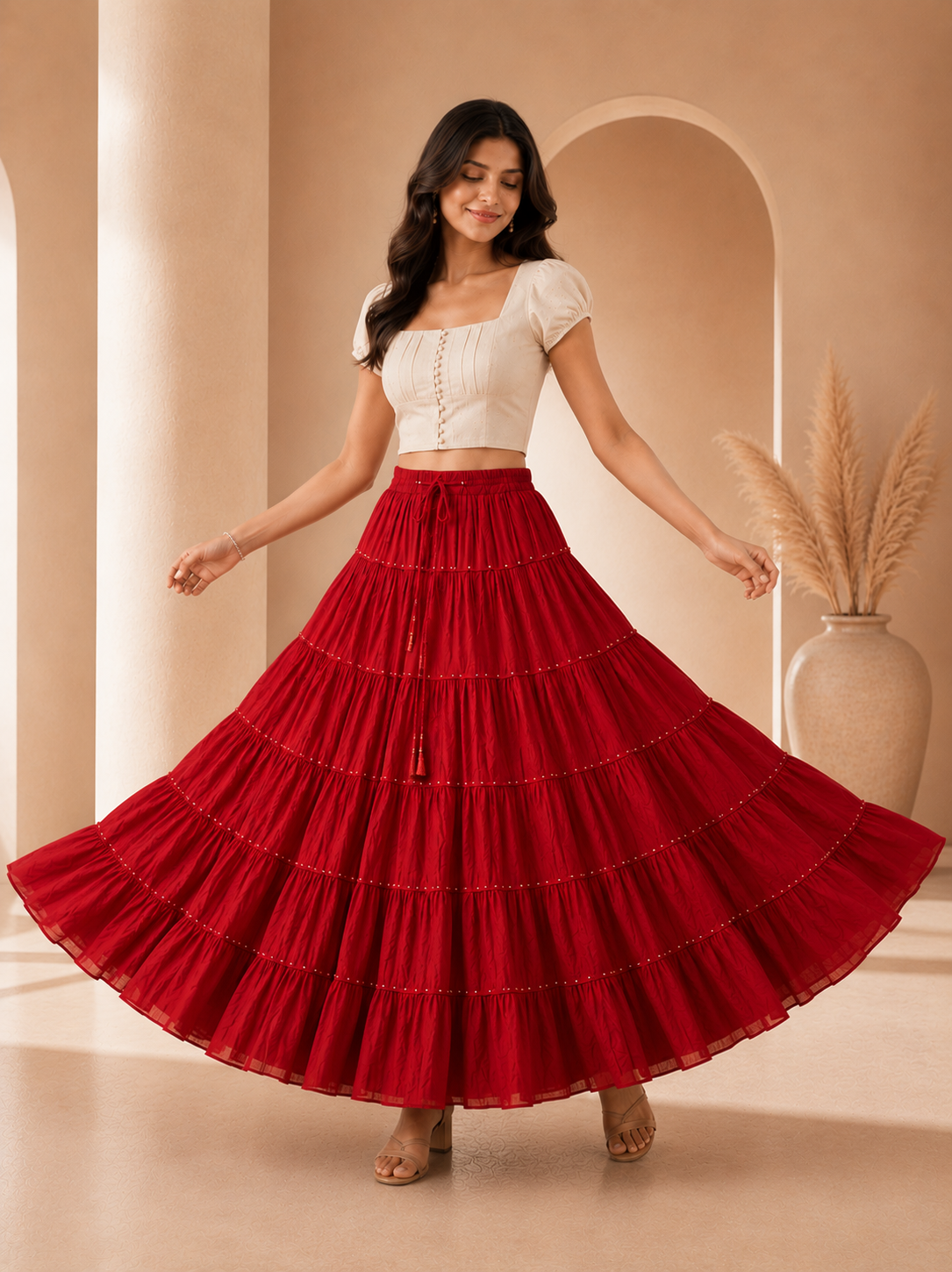 Maroon Gold Beads Cotton Skirt