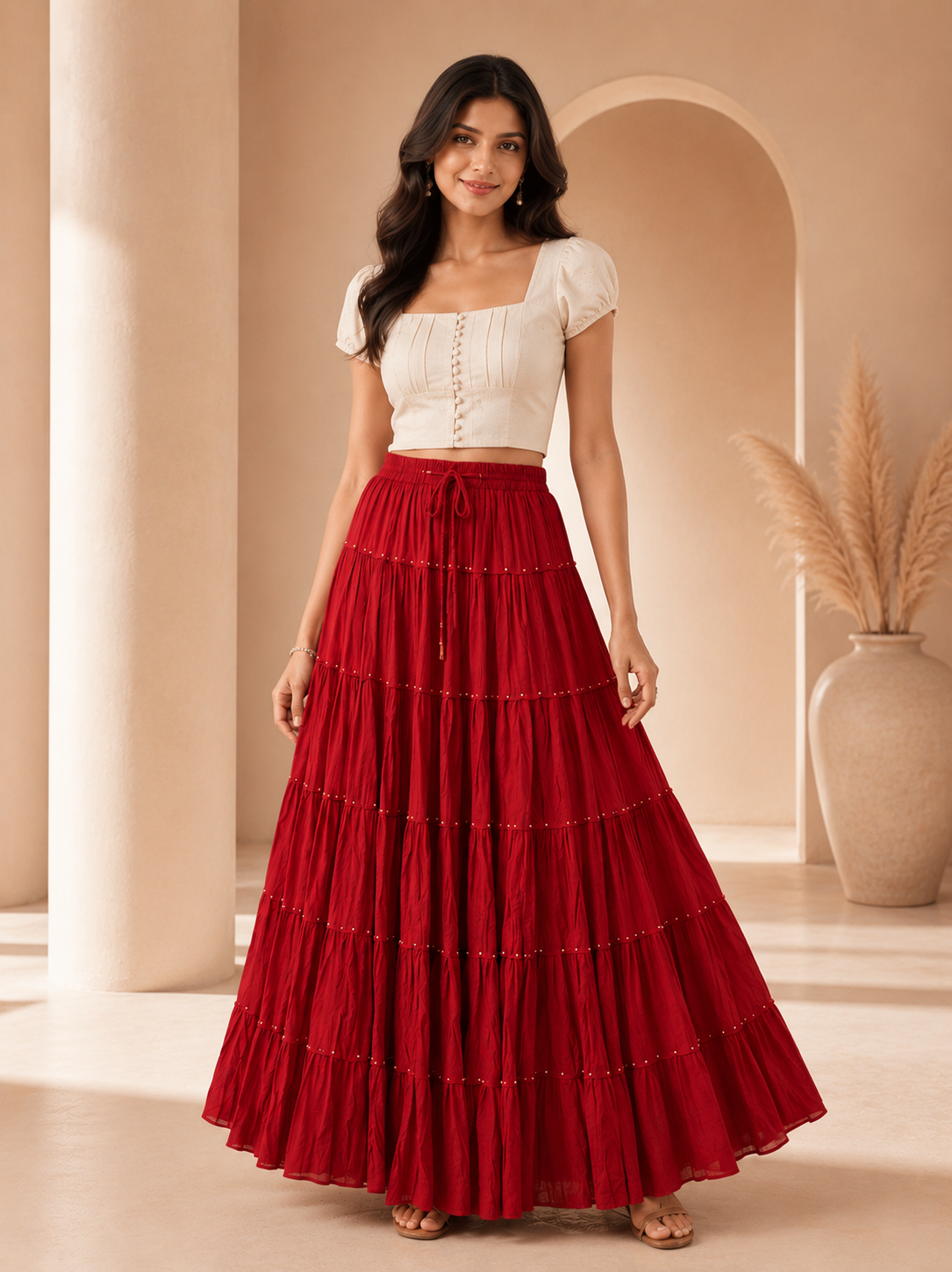 Maroon Gold Beads Cotton Skirt