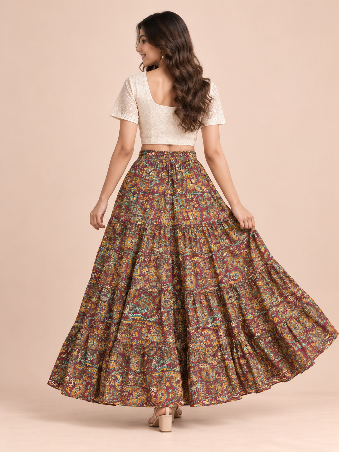 Maroon Kalamkari Print Cotton Skirt
