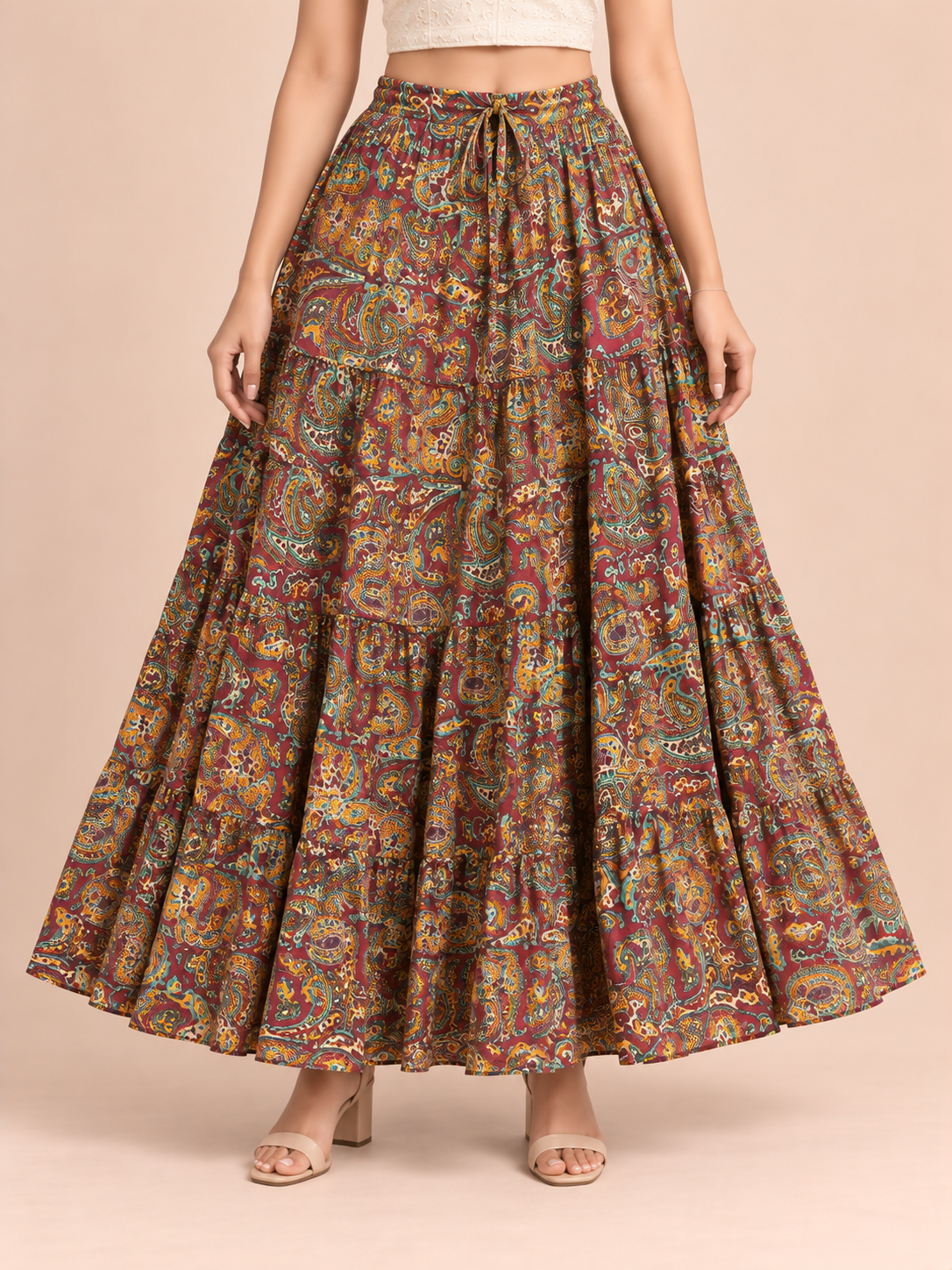 Maroon Kalamkari Print Cotton Skirt