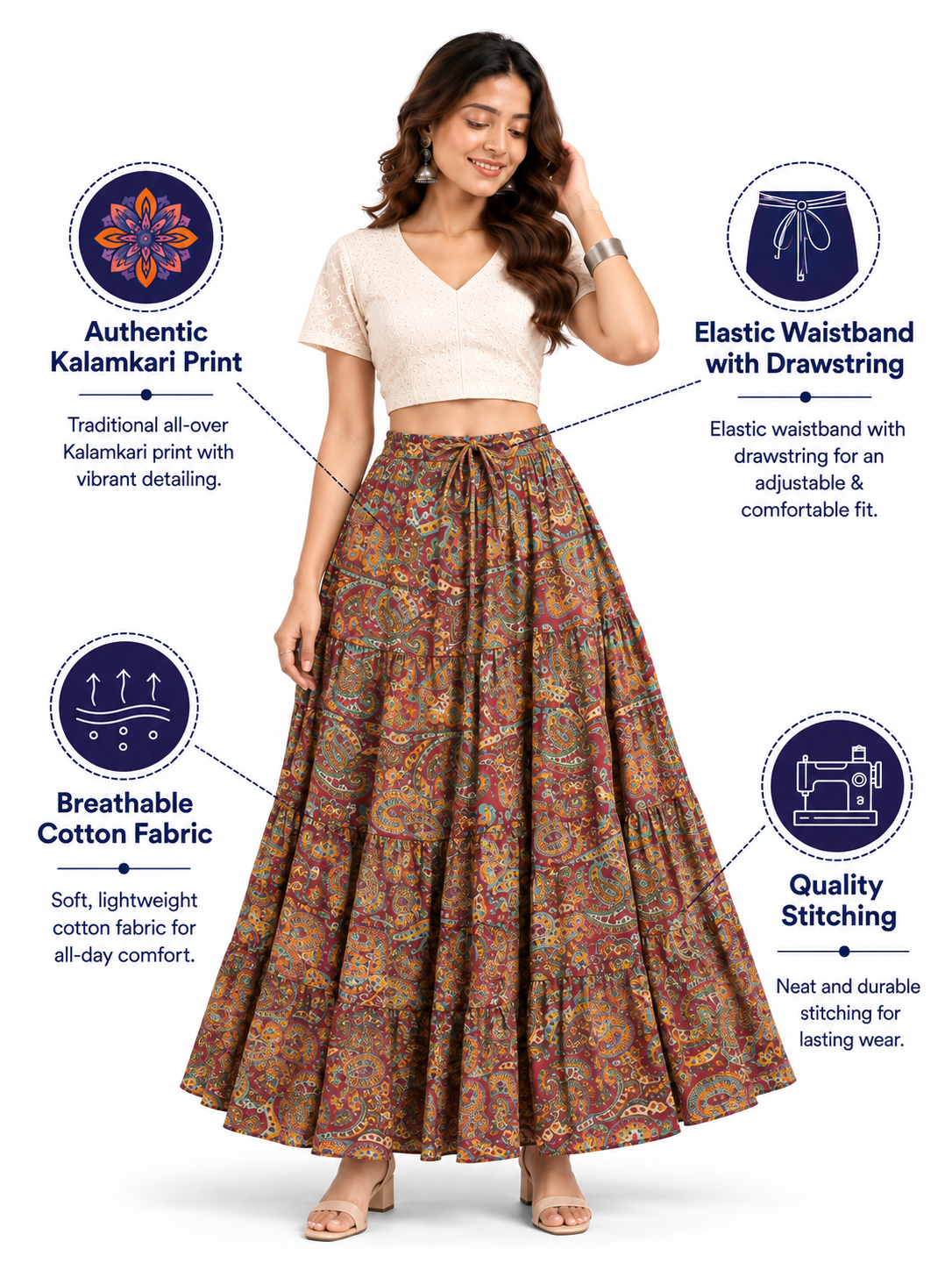 Maroon Kalamkari Print Cotton Skirt