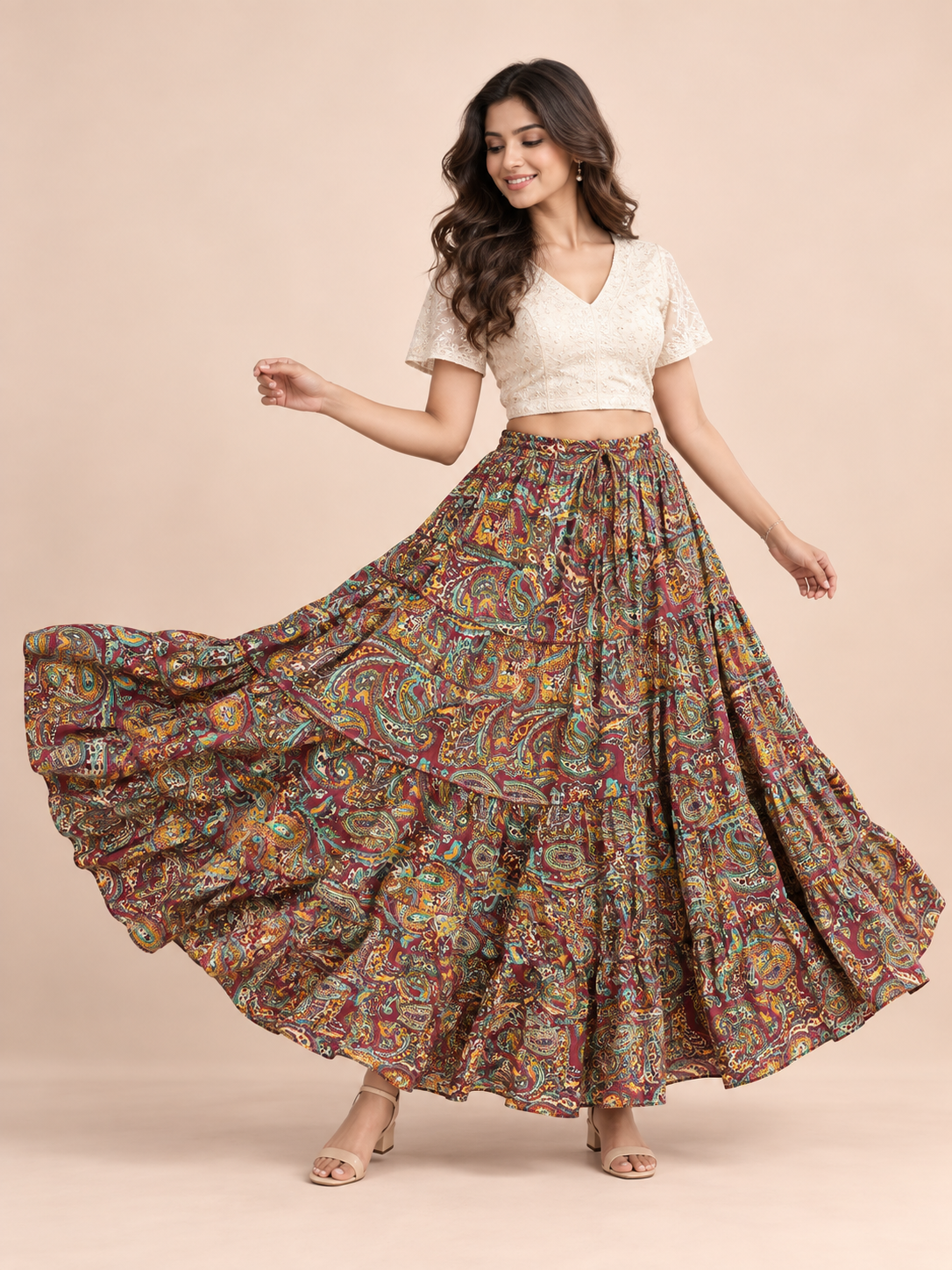 Maroon Kalamkari Print Cotton Skirt