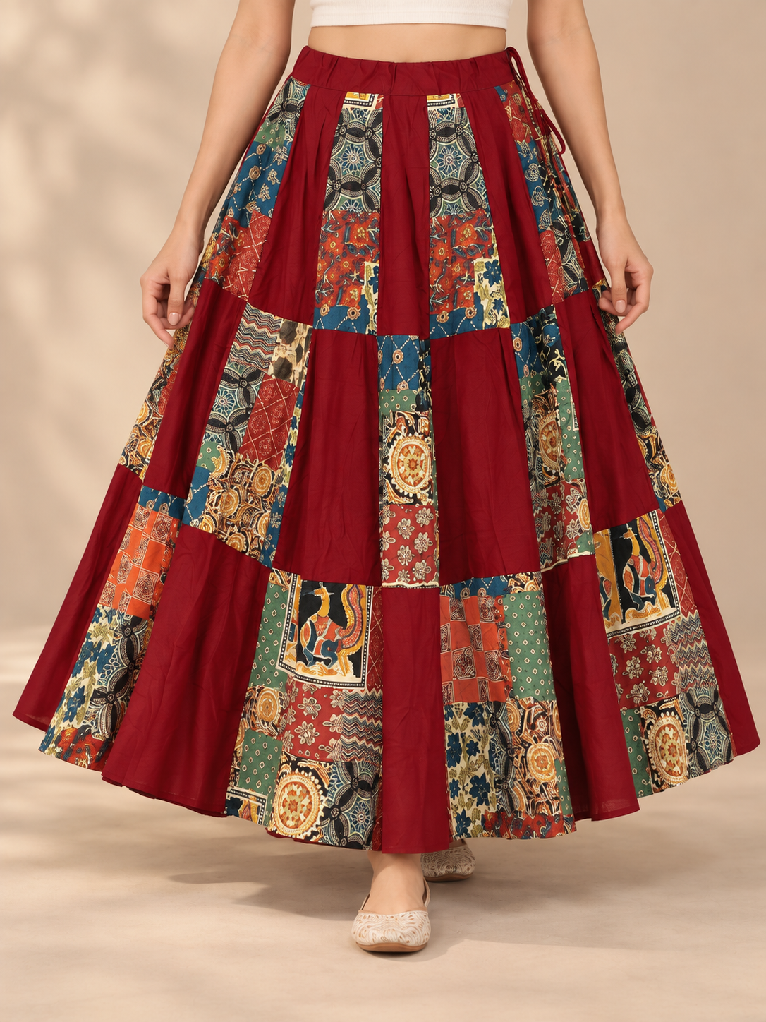 Maroon Cotton Patchwork Long Skirt