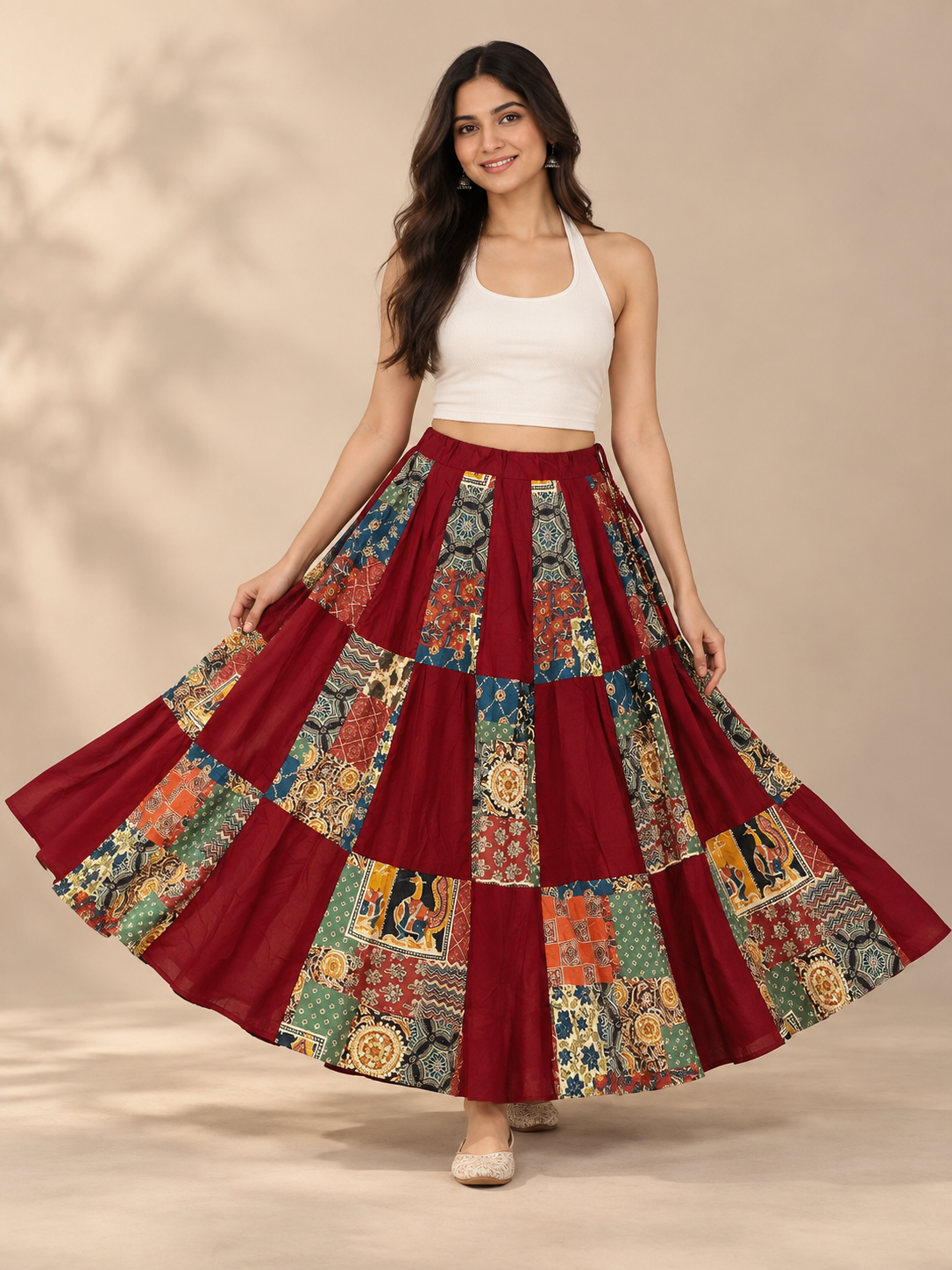 Maroon Cotton Patchwork Long Skirt