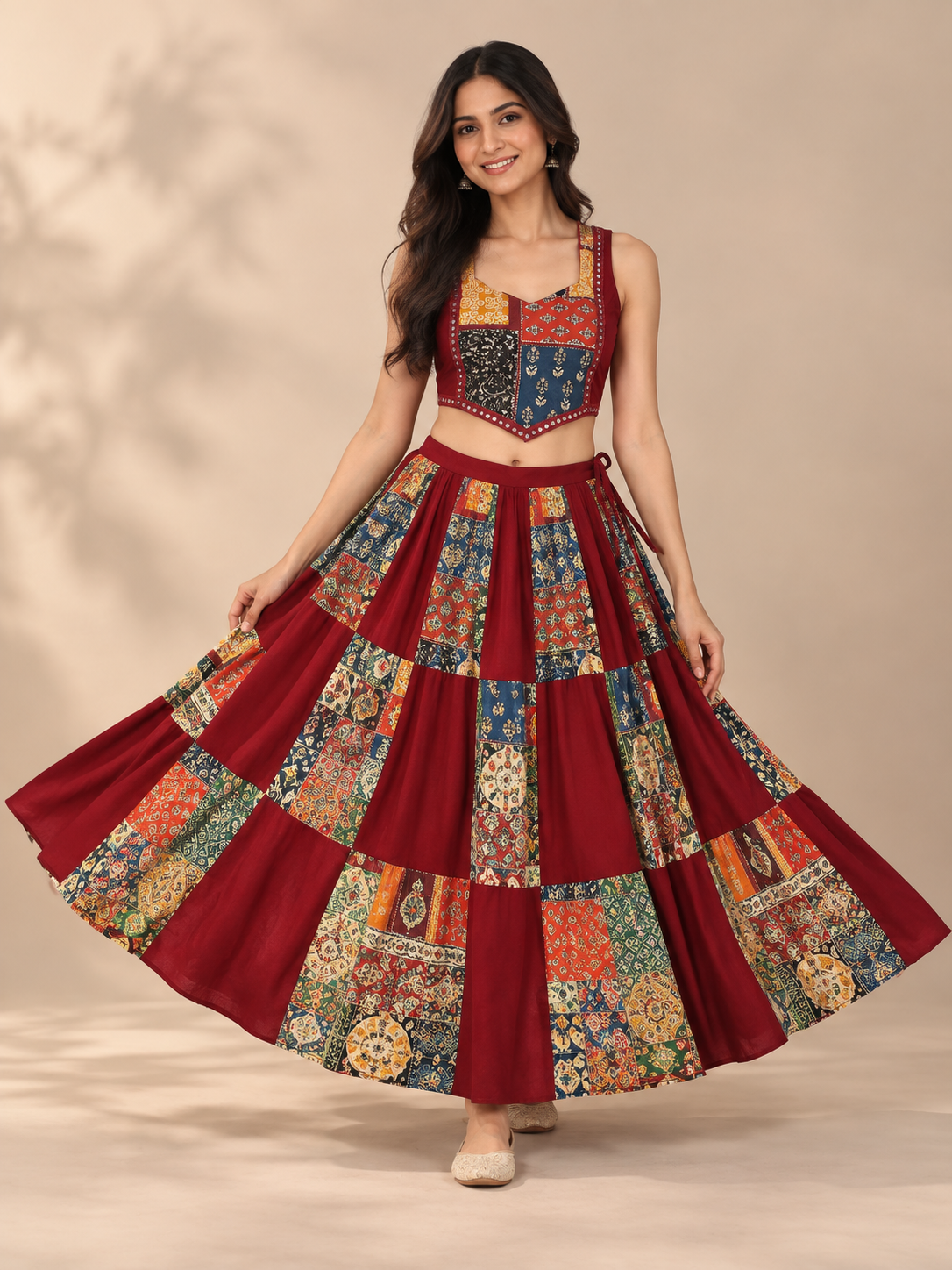 Maroon Cotton Patchwork Long Skirt