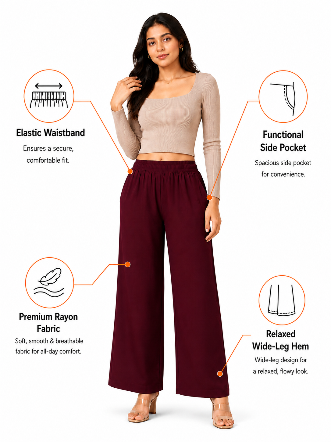 Maroon Pocket Premium Rayon Palazzo