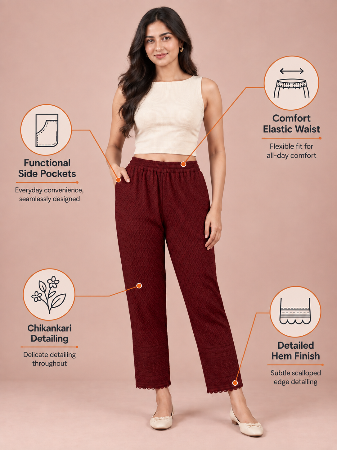 Maroon Rayon Chikan Pant