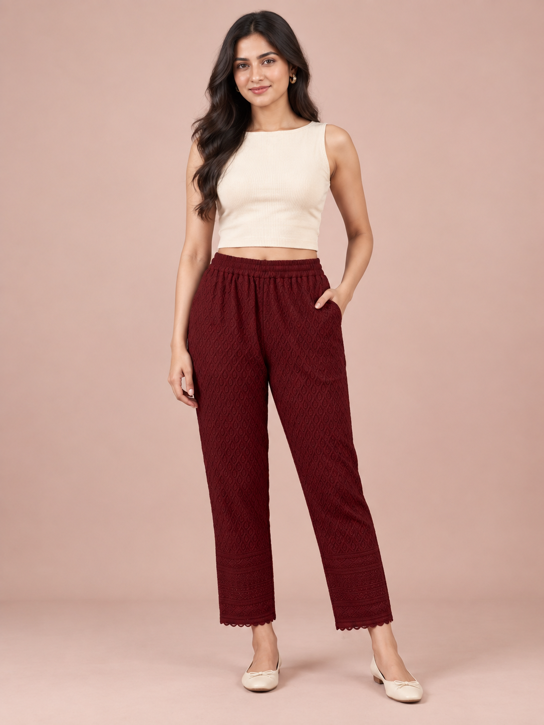 Maroon Rayon Chikan Pant