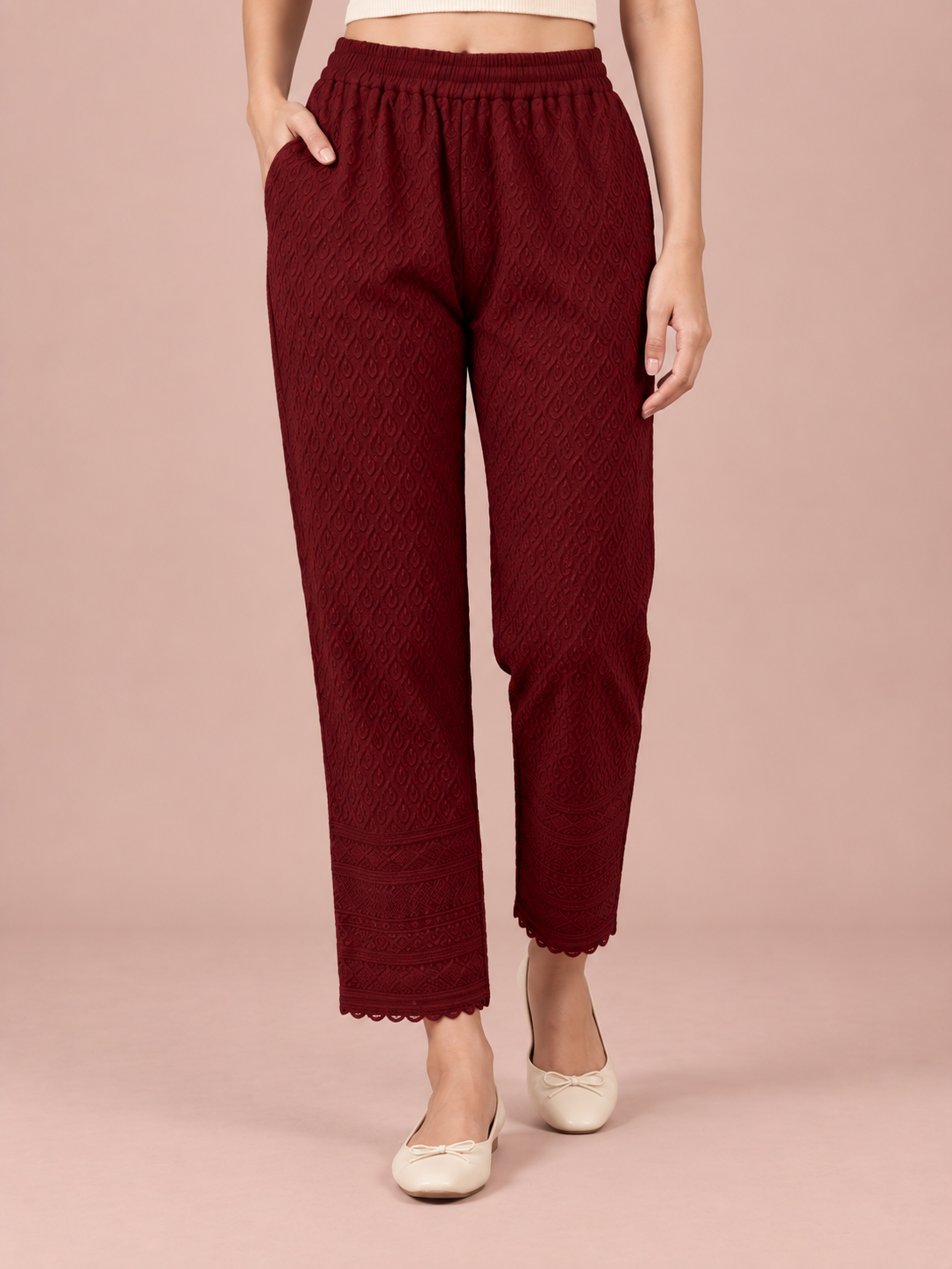 Maroon Rayon Chikan Pant