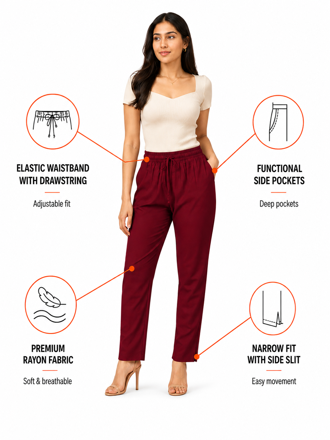 Maroon Premium Rayon Narrow Fit Palazzo
