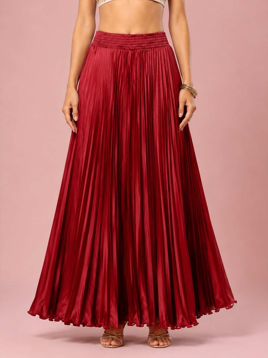 Maroon Satin Silk Small Pleated Skirt