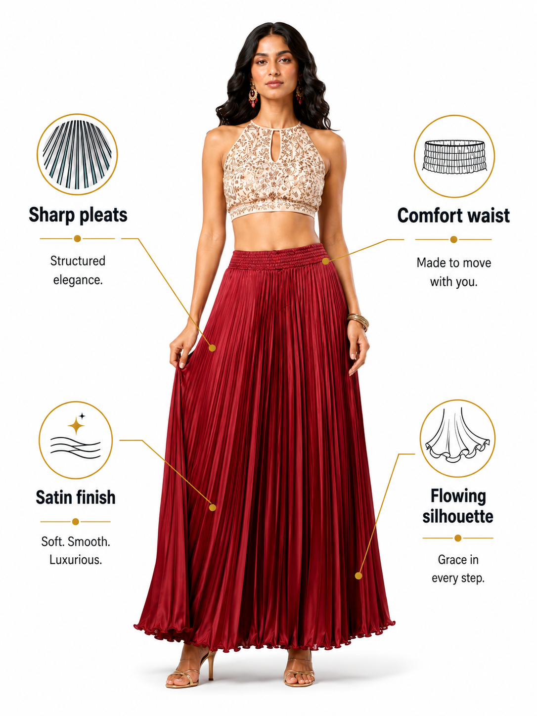 Maroon Satin Silk Small Pleated Skirt