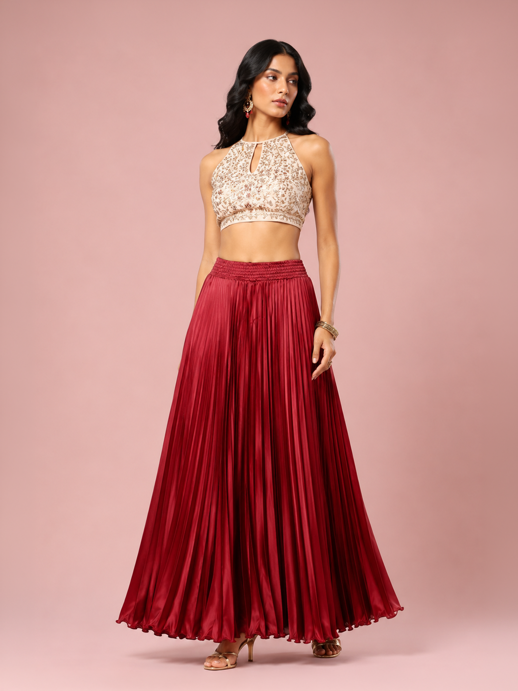 Maroon Satin Silk Small Pleated Skirt