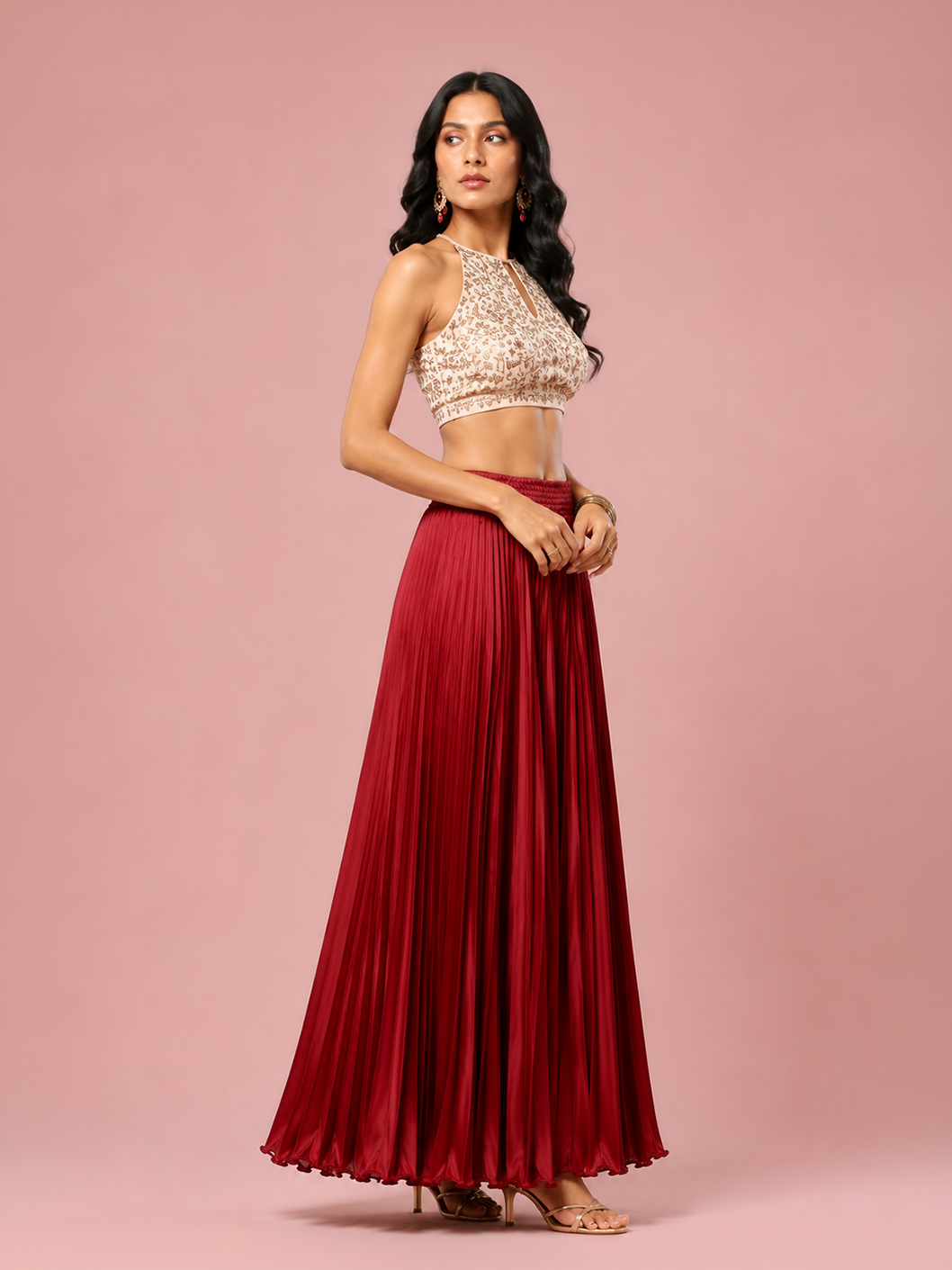 Maroon Satin Silk Small Pleated Skirt