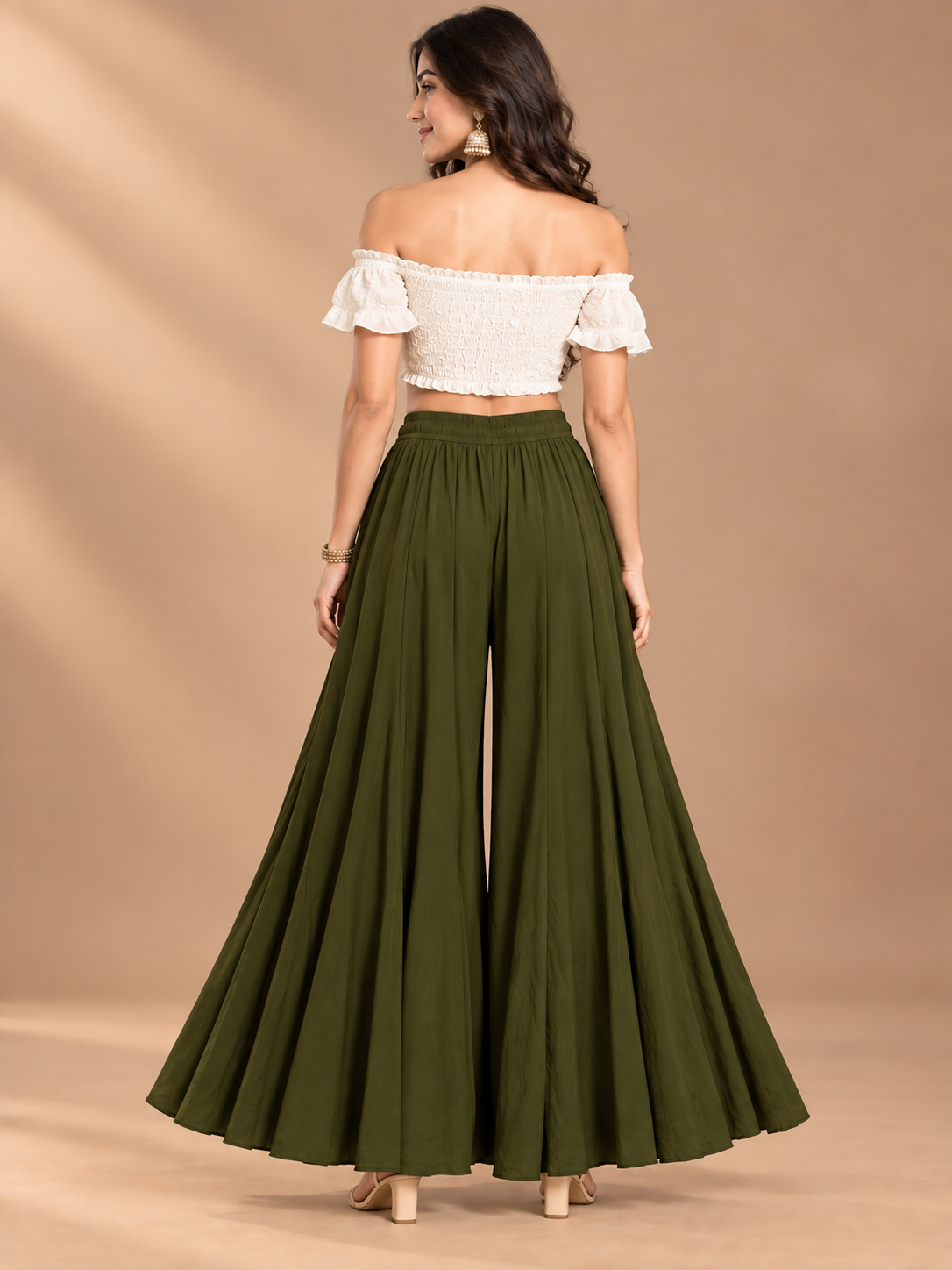 Mehndi Green Rayon Wide Leg Flared Palazzo