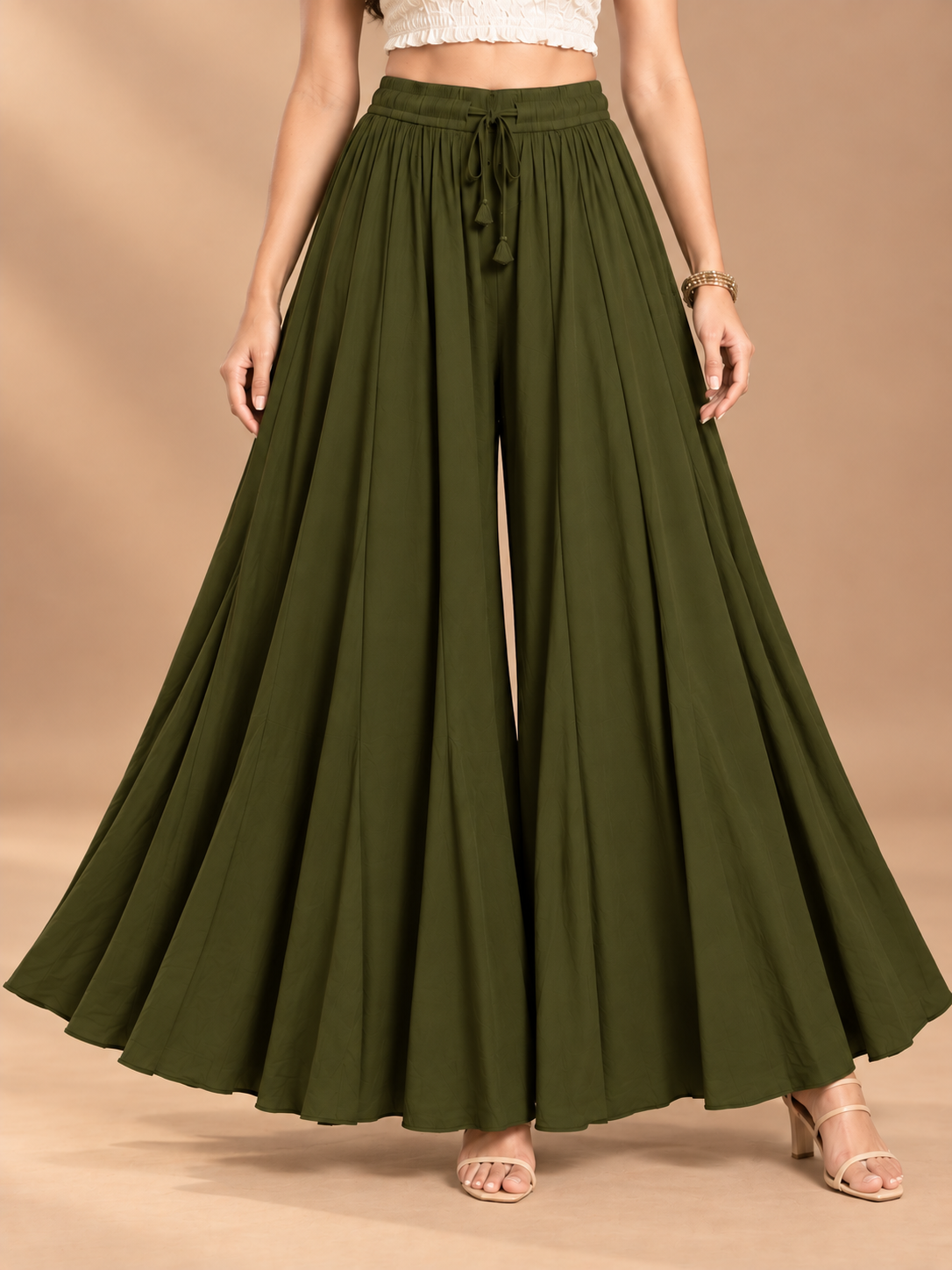 Mehndi Green Rayon Wide Leg Flared Palazzo