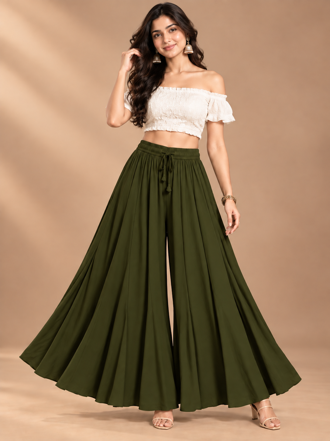 Mehndi Green Rayon Wide Leg Flared Palazzo