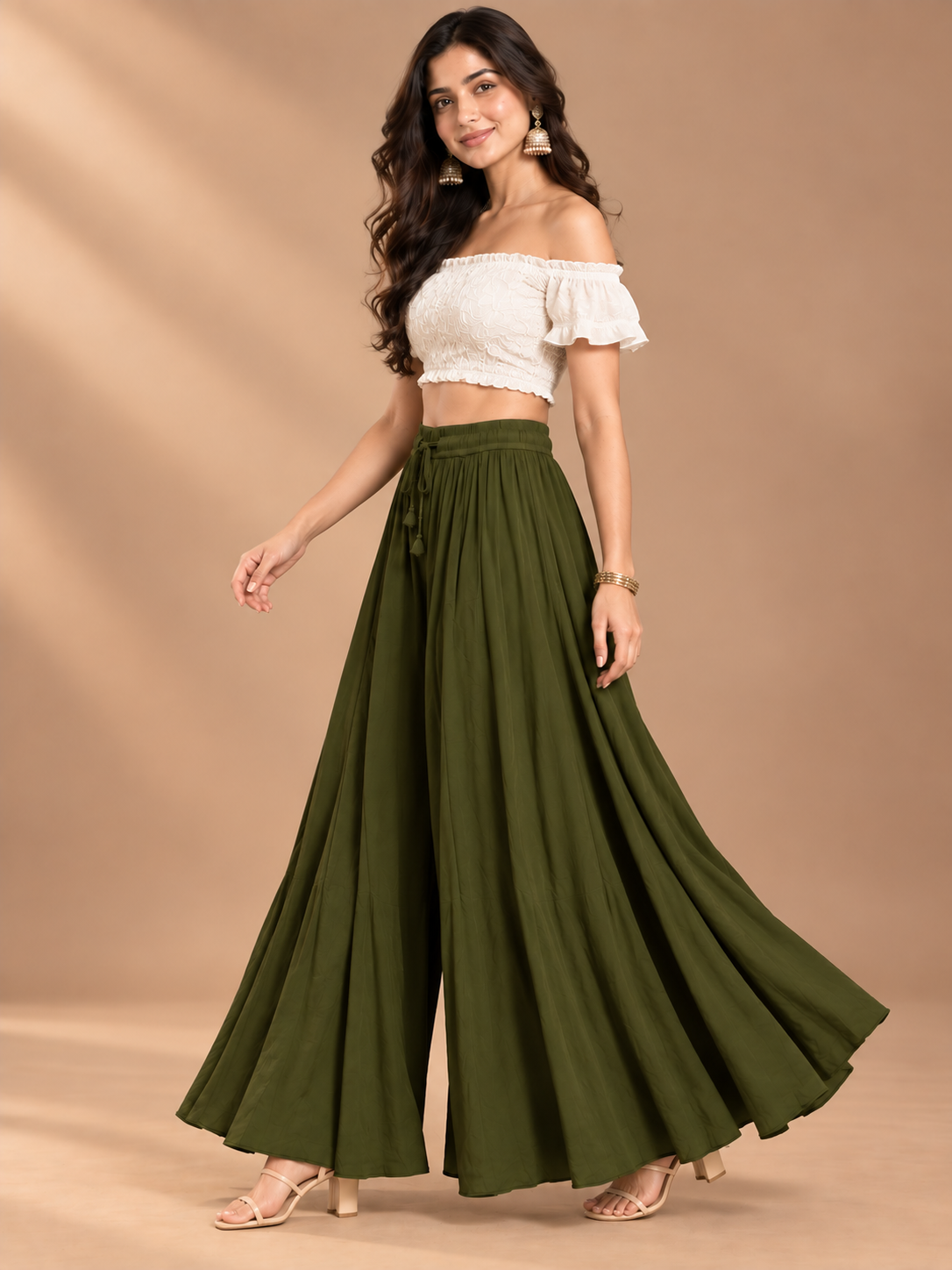 Mehndi Green Rayon Wide Leg Flared Palazzo