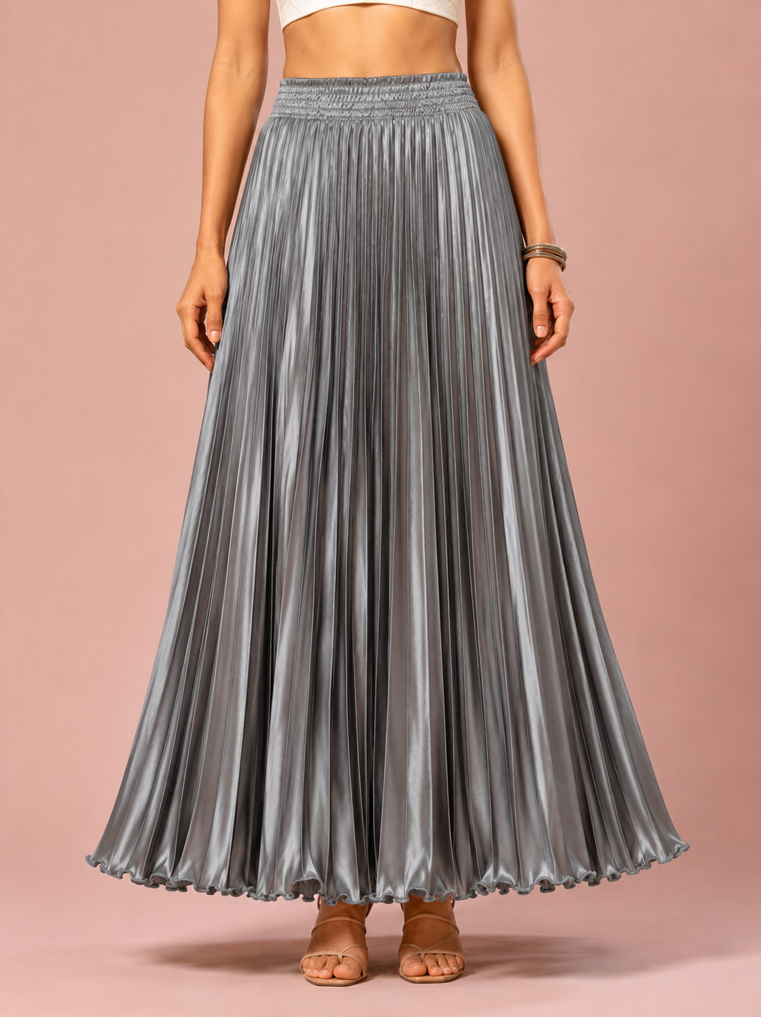 Metal Grey Satin Silk Small Pleated Skirt