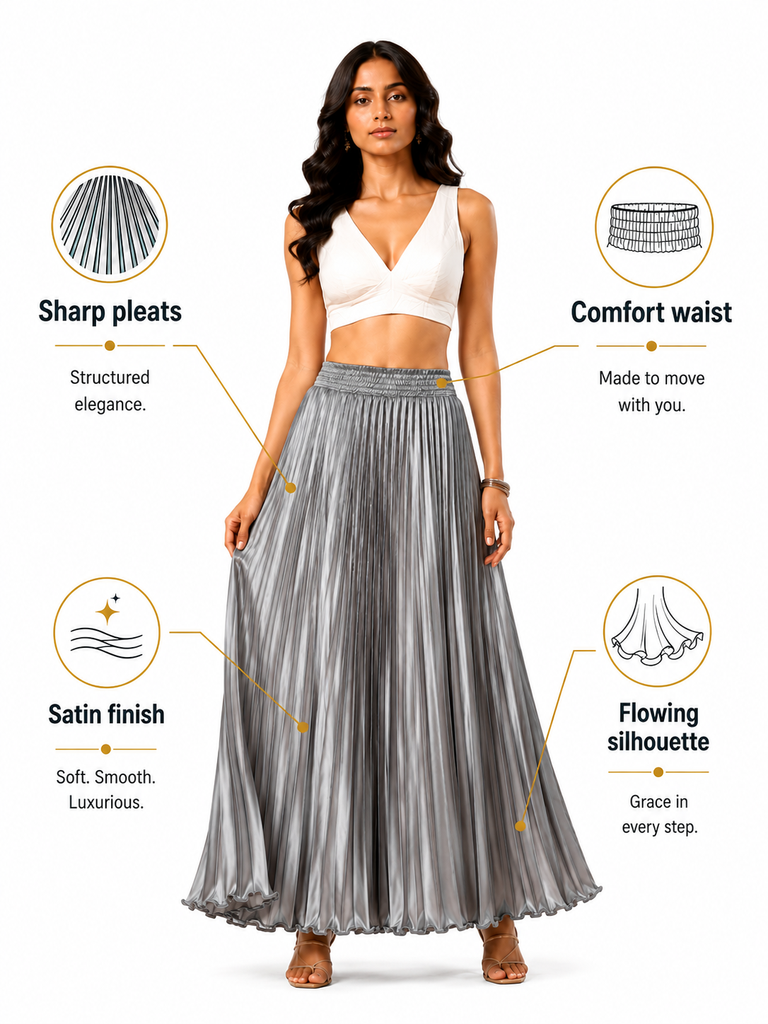 Metal Grey Satin Silk Small Pleated Skirt