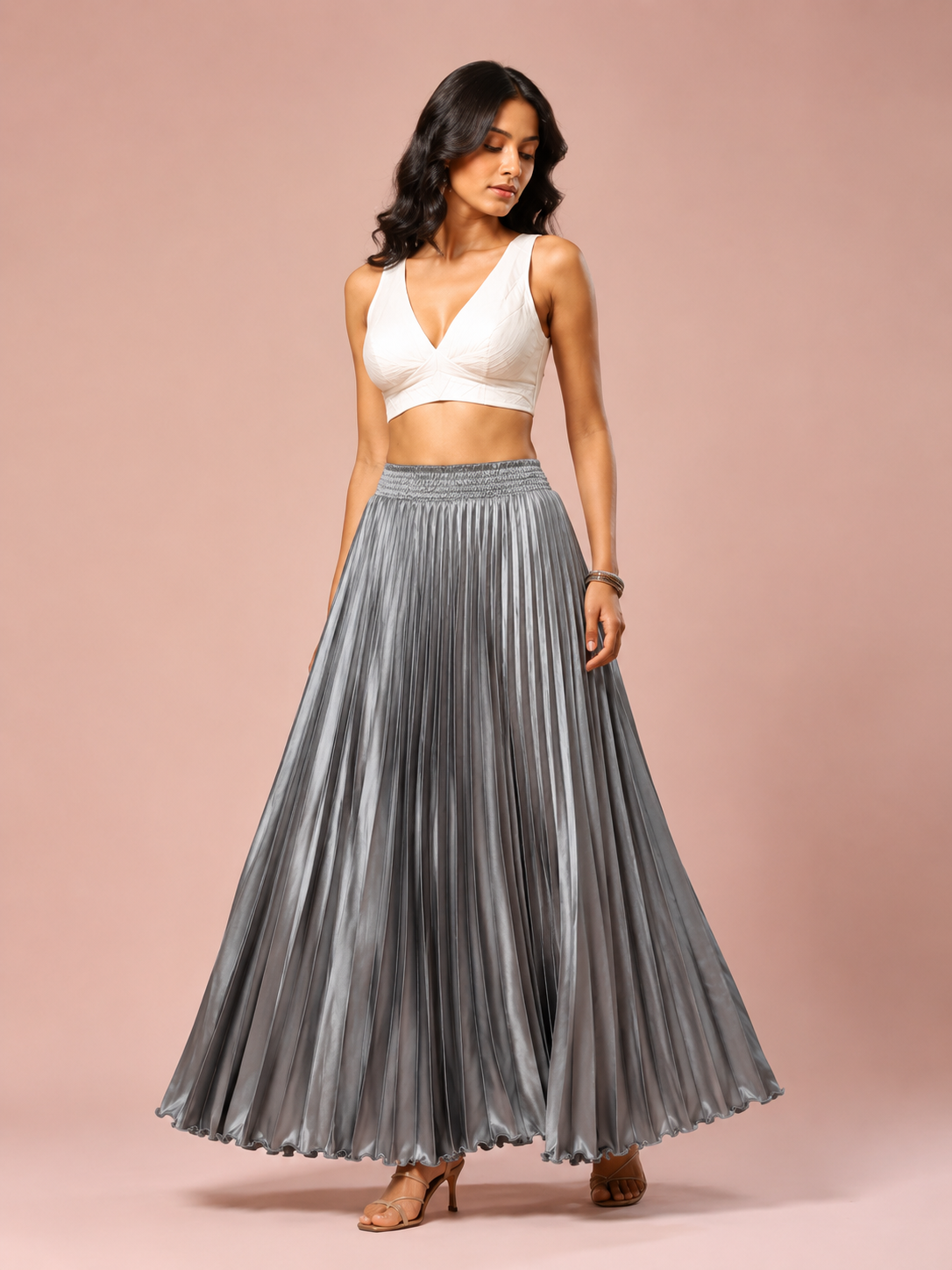 Metal Grey Satin Silk Small Pleated Skirt