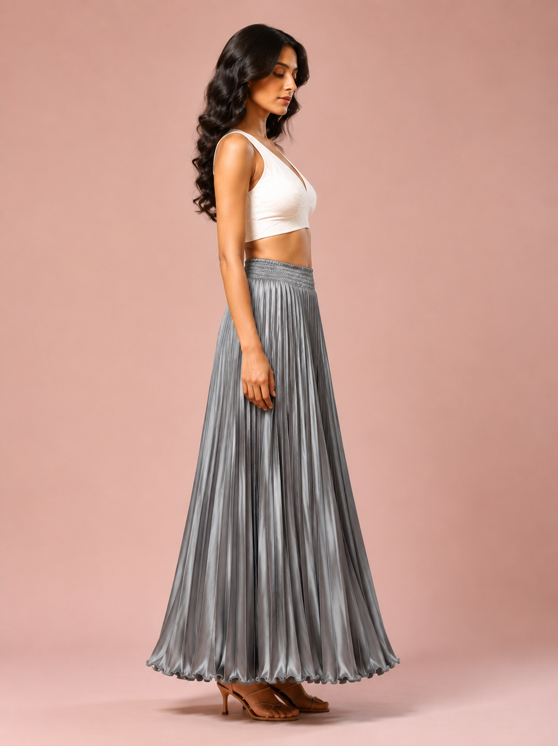 Metal Grey Satin Silk Small Pleated Skirt