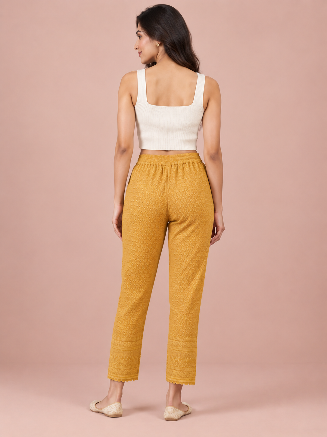 Mustard Rayon Chikan Pants
