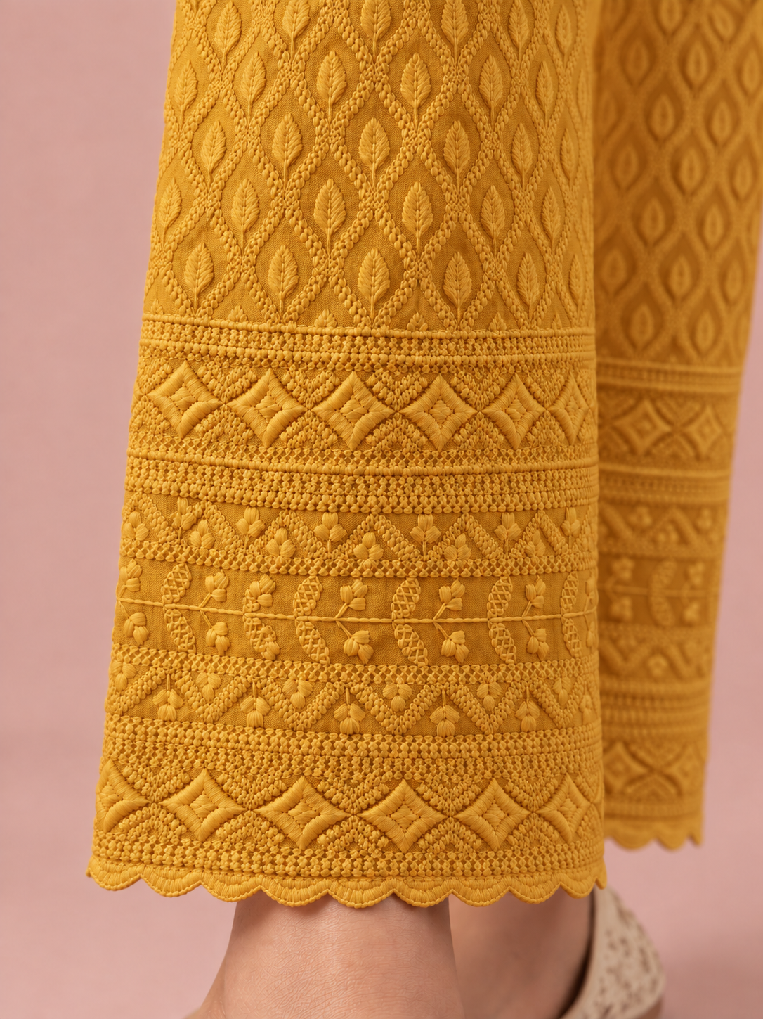 Mustard Rayon Chikan Pants