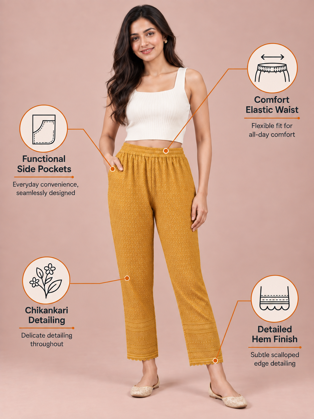 Mustard Rayon Chikan Pants