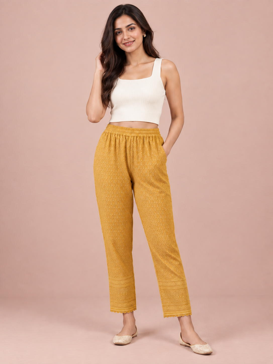 Mustard Rayon Chikan Pants