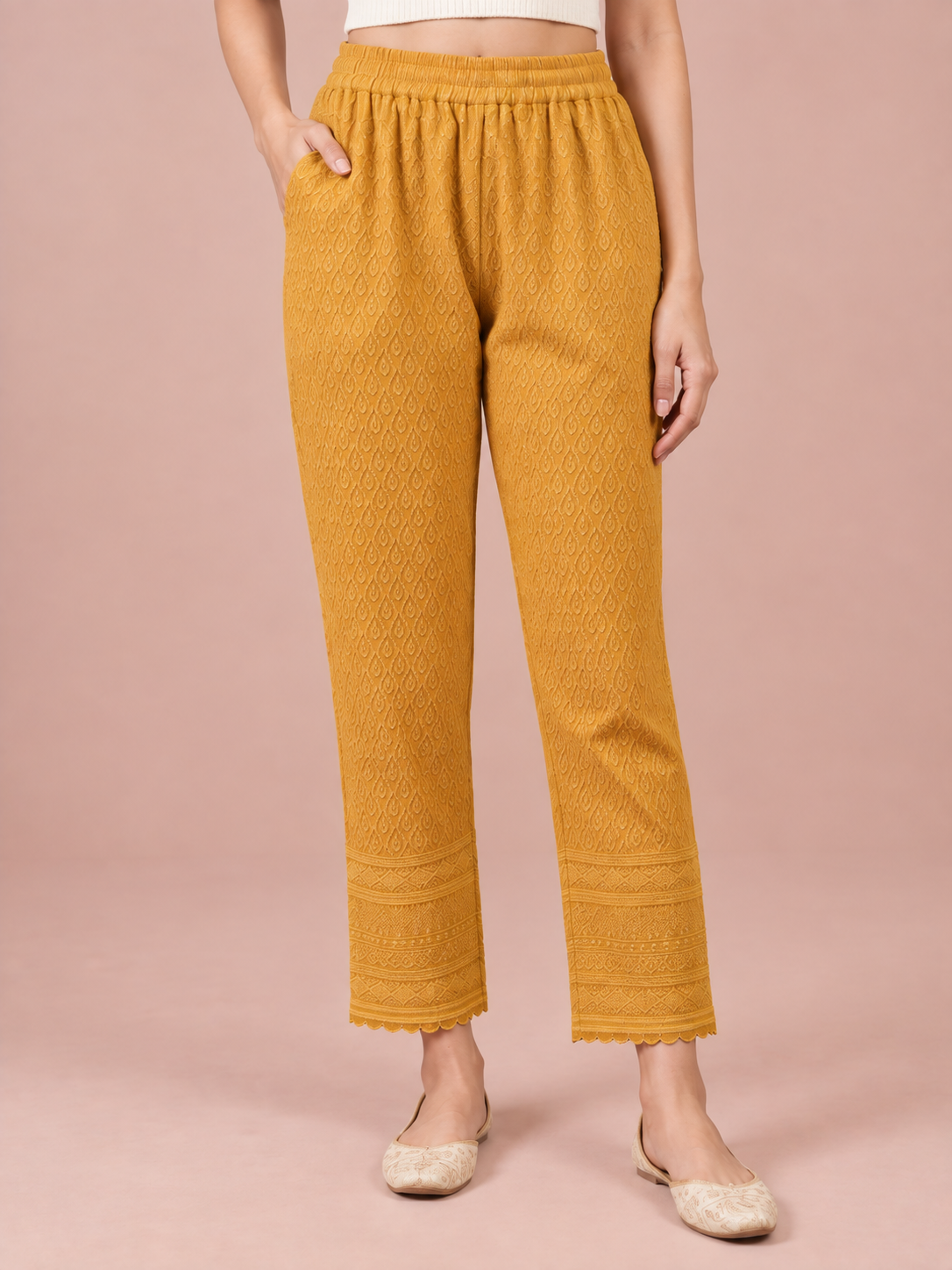 Mustard Rayon Chikan Pants