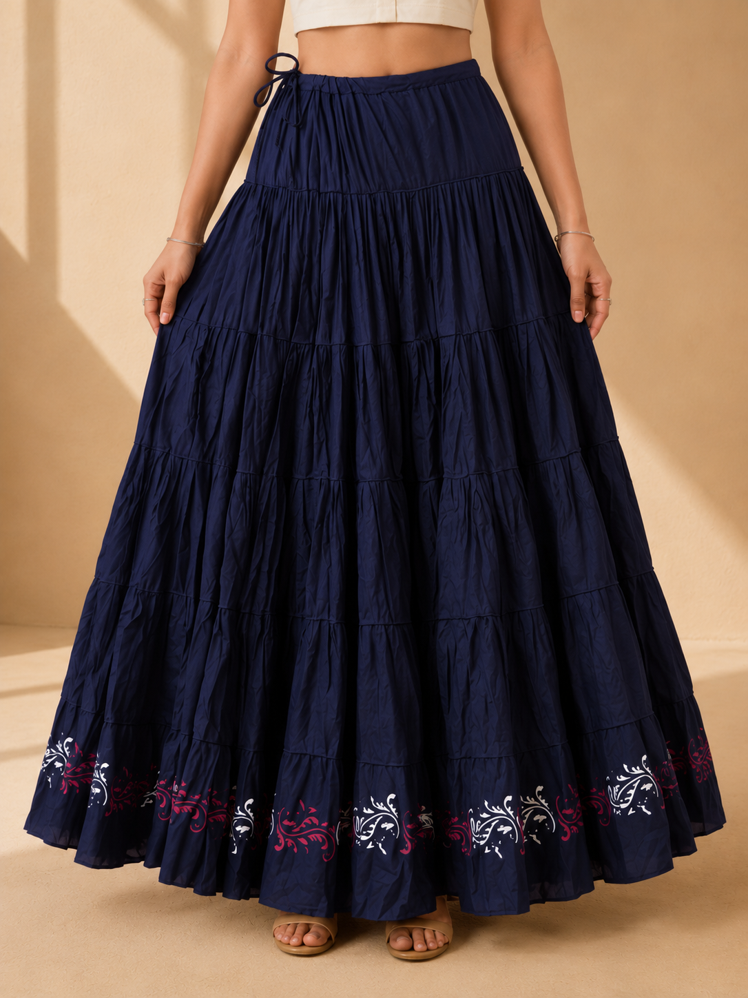 Navy Blue Block Print 20Mtr Cotton Skirt