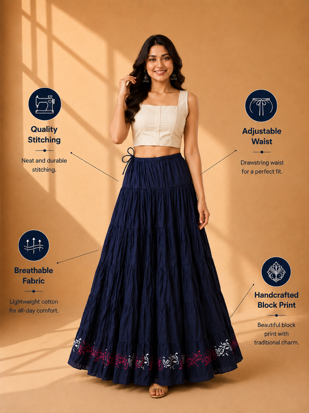 Navy Blue Block Print 20Mtr Cotton Skirt
