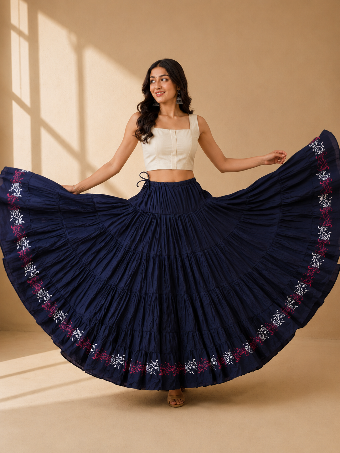 Navy Blue Block Print 20Mtr Cotton Skirt