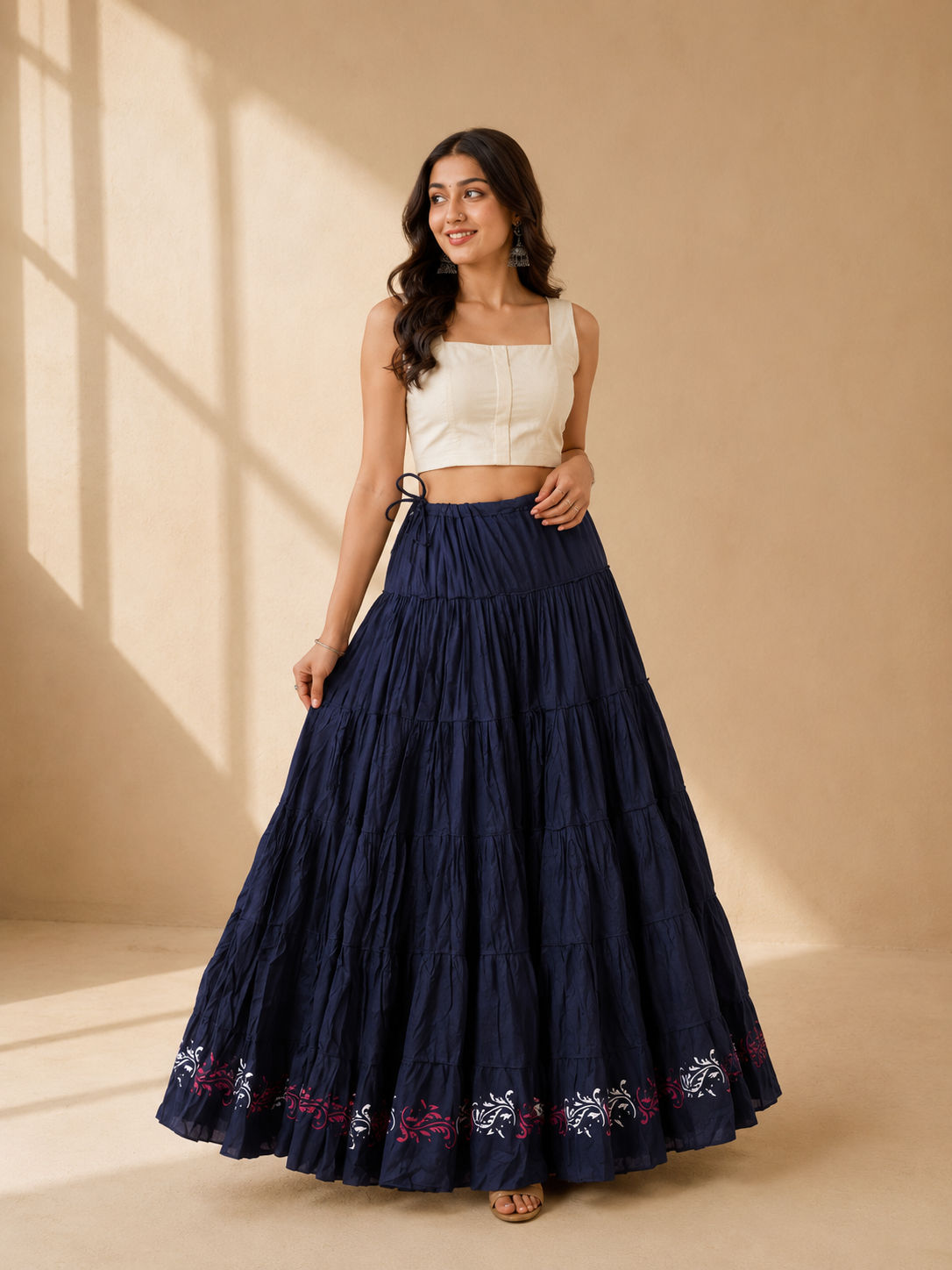 Navy Blue Block Print 20Mtr Cotton Skirt