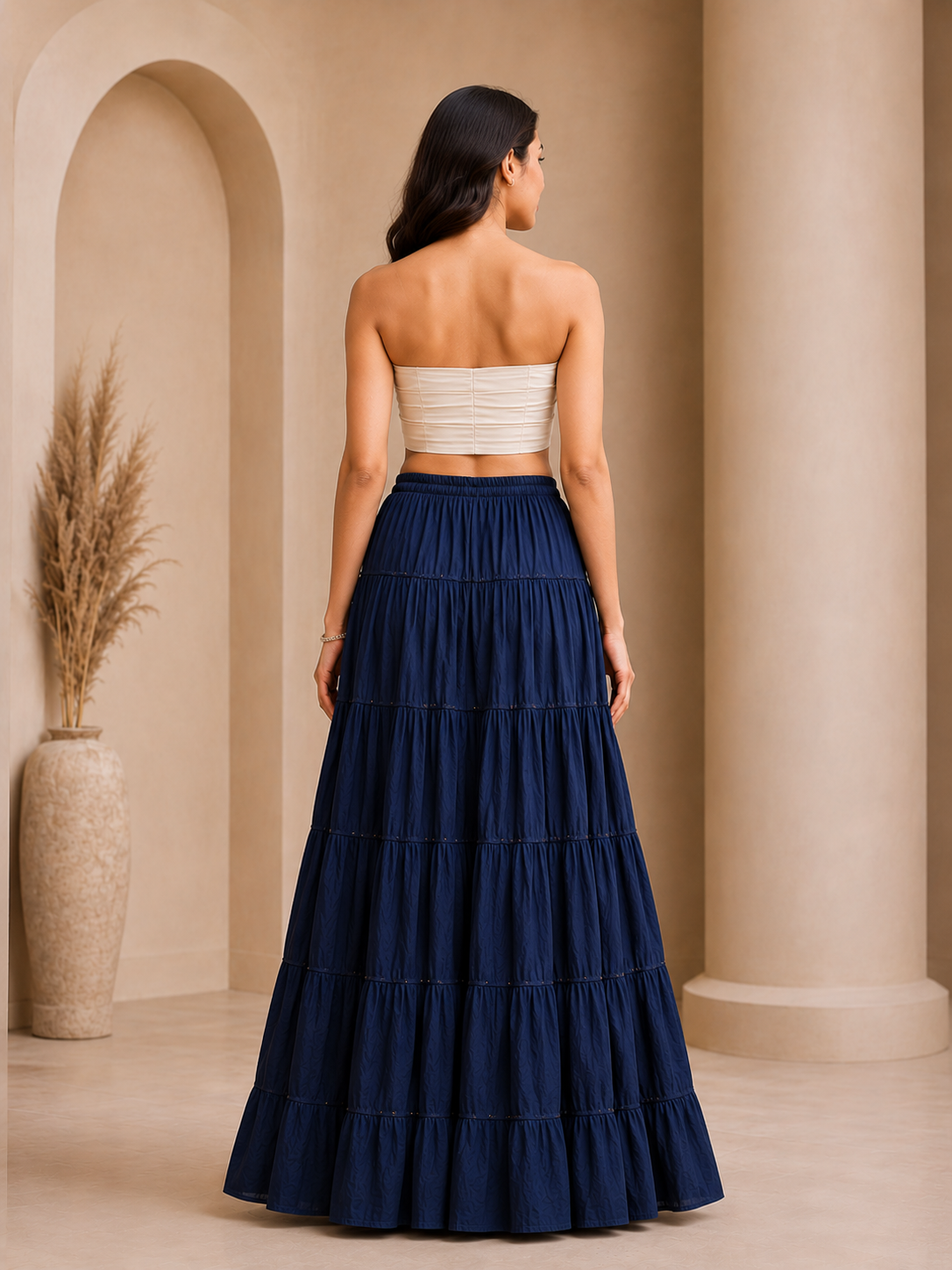 Navy Blue Gold Beads Cotton Skirt