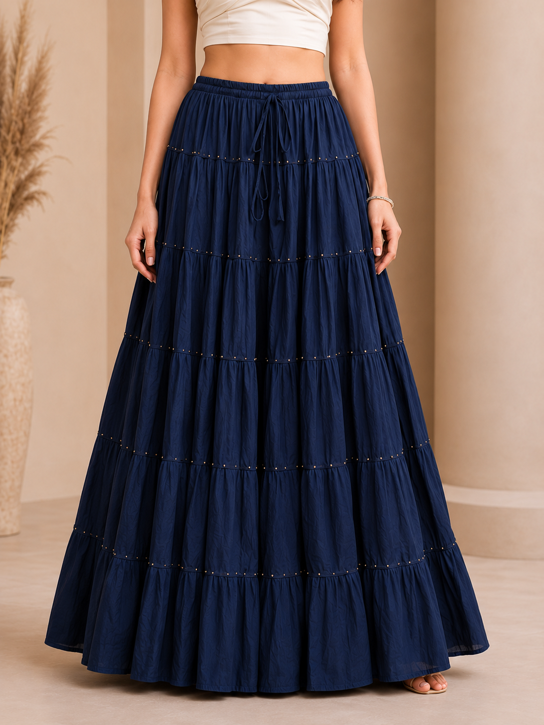 Navy Blue Gold Beads Cotton Skirt