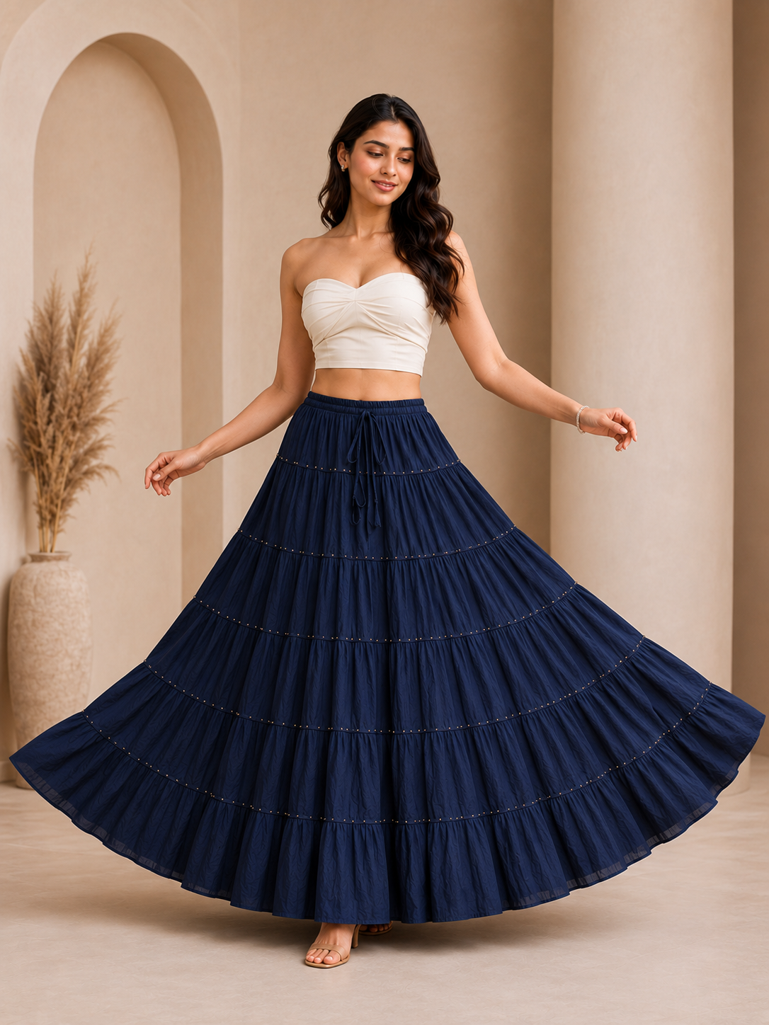 Navy Blue Gold Beads Cotton Skirt